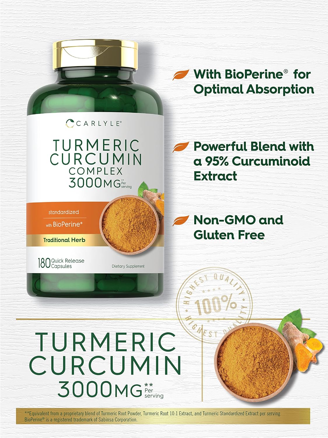 Carlyle Turmeric Curcumin Supplement | 180 Capsules | with Black Pepper