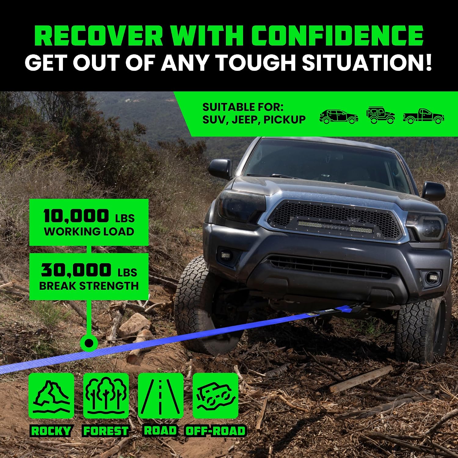 Rhino USA Recovery Tow Strap (3in x 30ft) - 31,518lb Heavy Duty Towing | 31,518lb Break Strength Emergency Tow Strap, Extended 30ft Length. For Truck, UTV, ATV & Jeep Offroad Recovery. Black