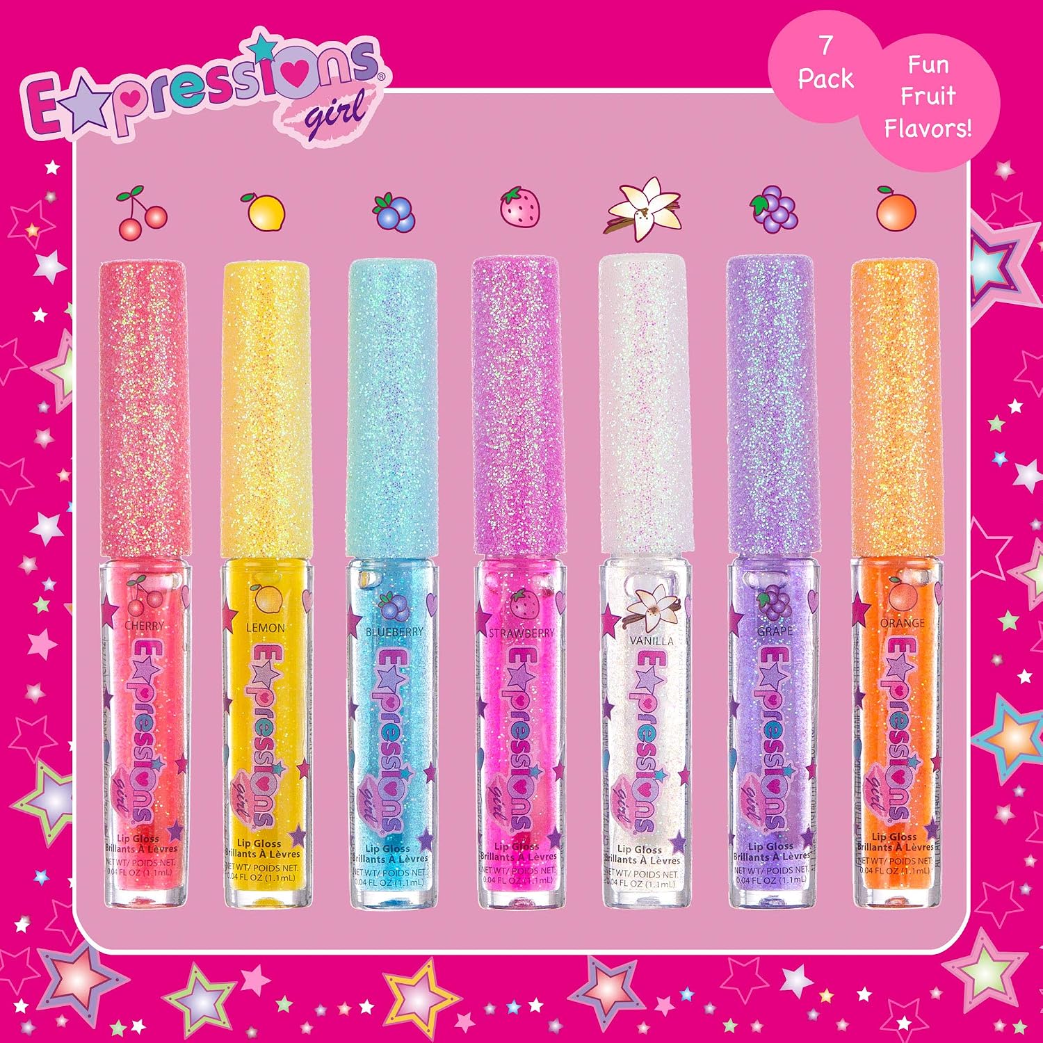7pc Fruity Flavored Lip Gloss Set - Assorted Fruit Flavor-Great Gift | Non-Toxic Kids Makeup. Fun Shiny Lip Gloss Collection for Kids, Teens & Girls - Sweet & Glossy Lip Care