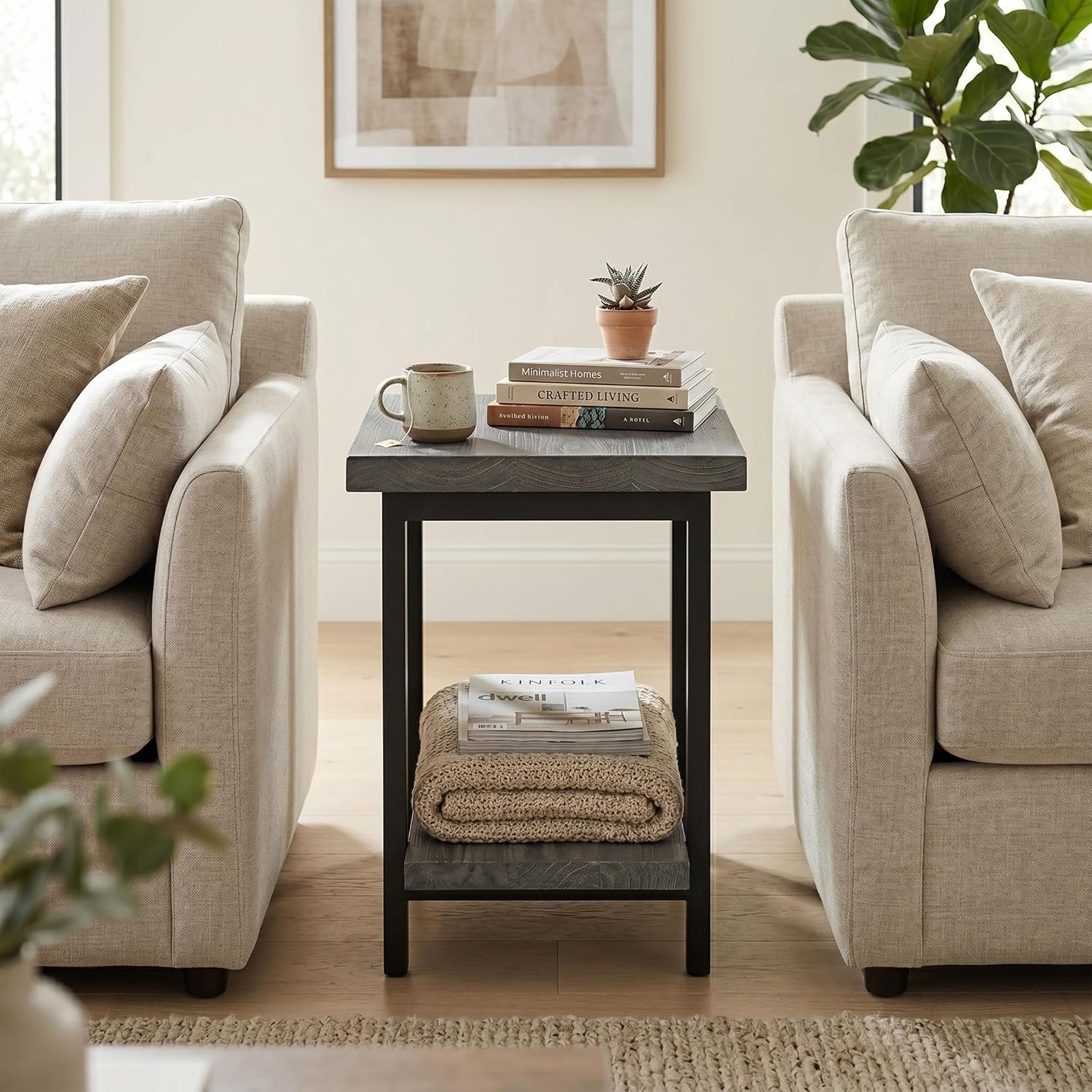 Alaterre Furniture Pomona Solid Wood 2-Tier End Table, Rustic Brown, 27” | Nightstand with Storage Shelf and Metal Legs, Industrial Farmhouse Chair Side Table for Living Room or Bedroom