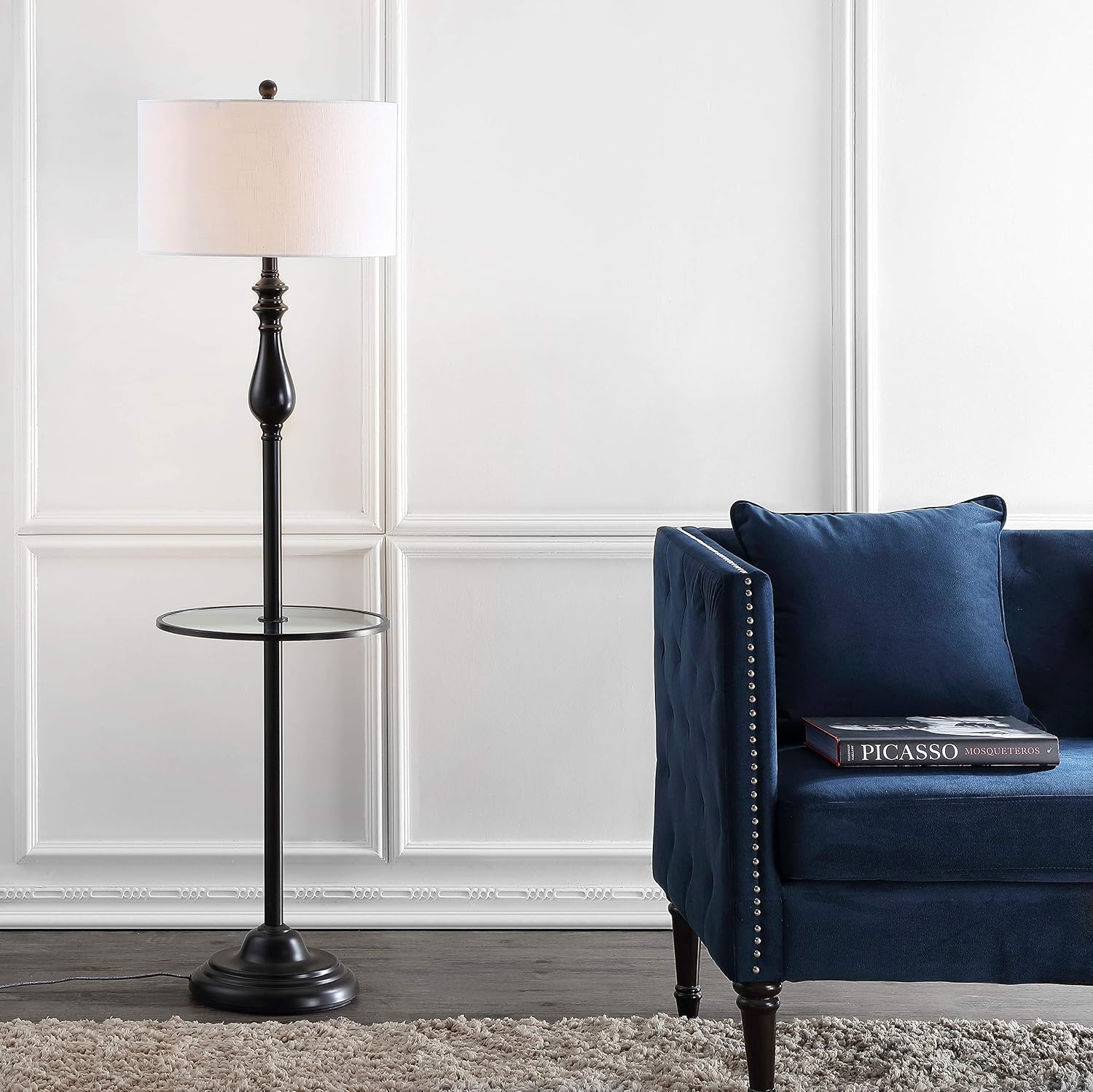 JONATHAN Y Laine 60" Metal and Glass Table Floor Lamp, Oil Rubbed Bronze | Traditional Transitional Style, White Linen Drum Shade, LED Bulb Included