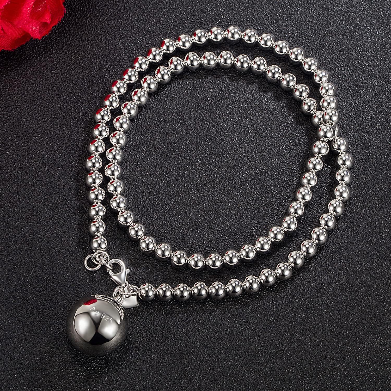 Dankadi Italy Fashion Women 925 Sterling Silver Bead Necklace Bell and Heart Pendant 4MM 6MM Round Prayer Beads Link Chain 18 "20" 22 "24" 26 "28"