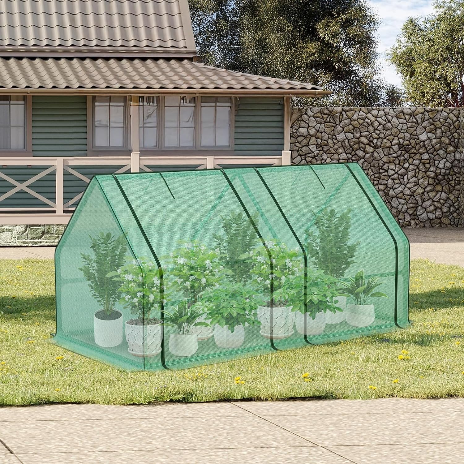 Aoodor 6 x 3 x 3 ft Mini Greenhouse with 2 Zipper Doors, Water-Resistant, UV-Protected for Flowers, Vegetables, and Herbs, Green