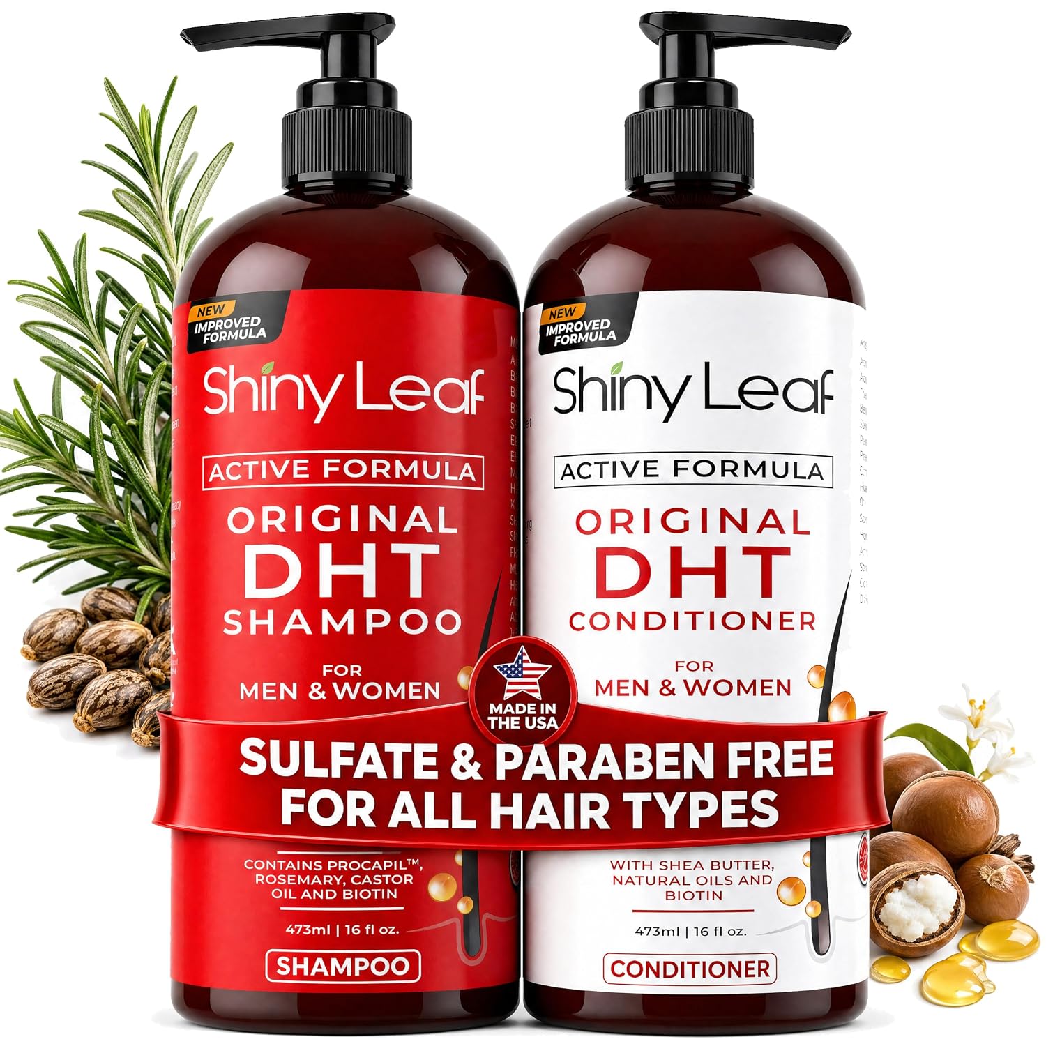 Shiny Leaf DHT Blocker Shampoo and Conditioner Set with Biotin, 2 x 16 oz | DHT blocker shampoo and conditioner with biotin, rosemary oil and asparagus extract for thinning hair. For men and women