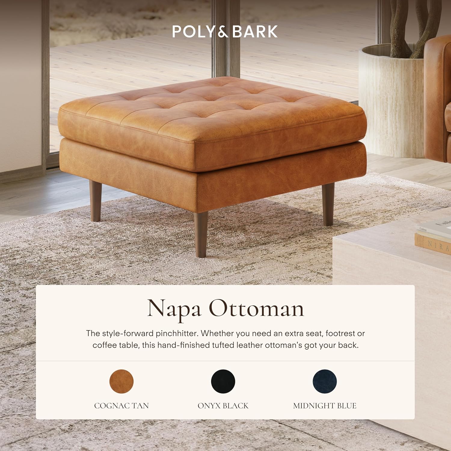 Poly & BARK 55" Tufted Leather Bed Bench for Bedroom End of Bed - Living Room Entry Way Bench - Pure Italian Leather Upholstery with a Solid Wood Frame - Ottoman Bench with Wooden Legs - Cognac Tan