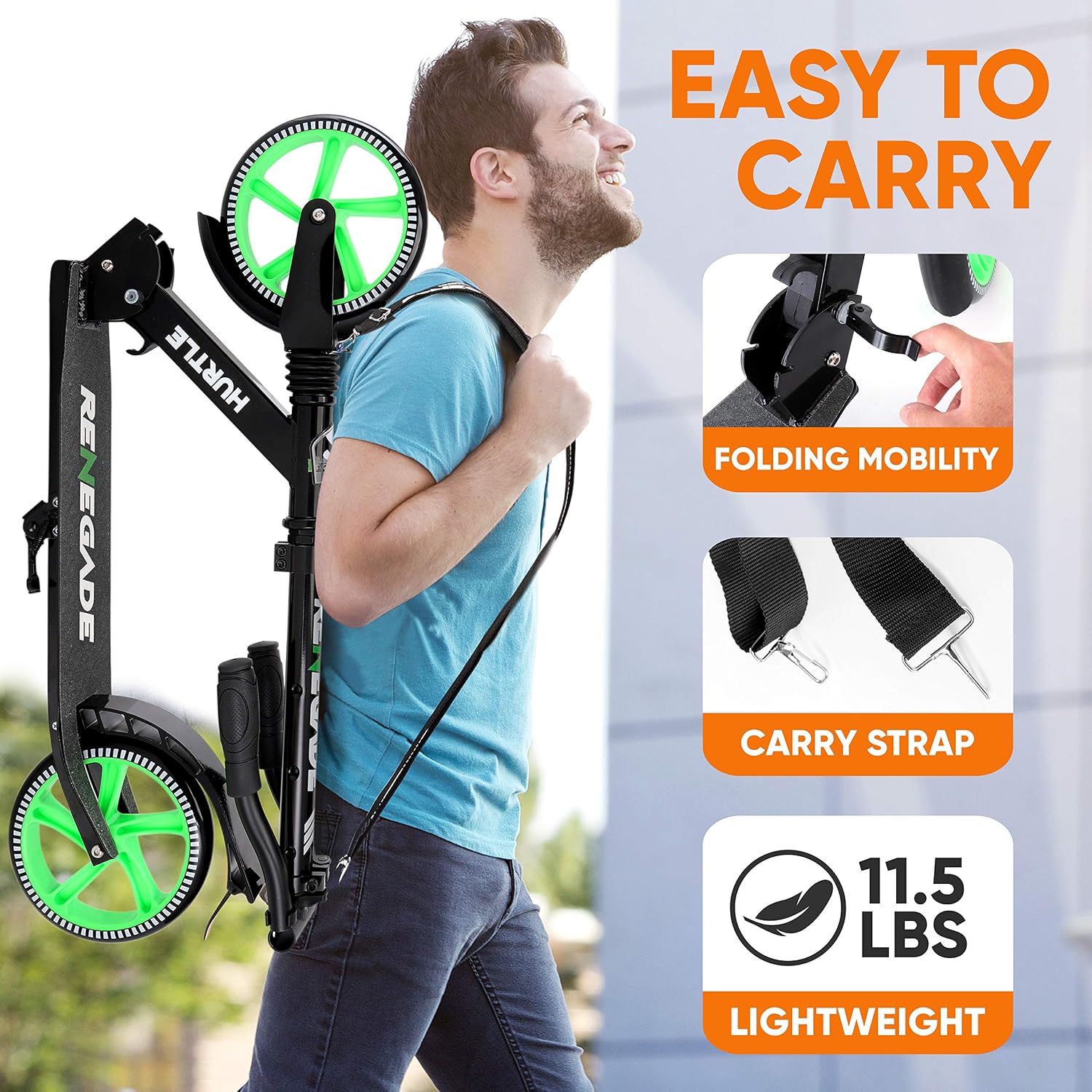 Hurtle Renegade Kick Scooter for Kids, Teenagers & Adults - 2-Wheel Folding Scooter with Adjustable T-Bar Handlebar - Alloy Anti-Slip Deck