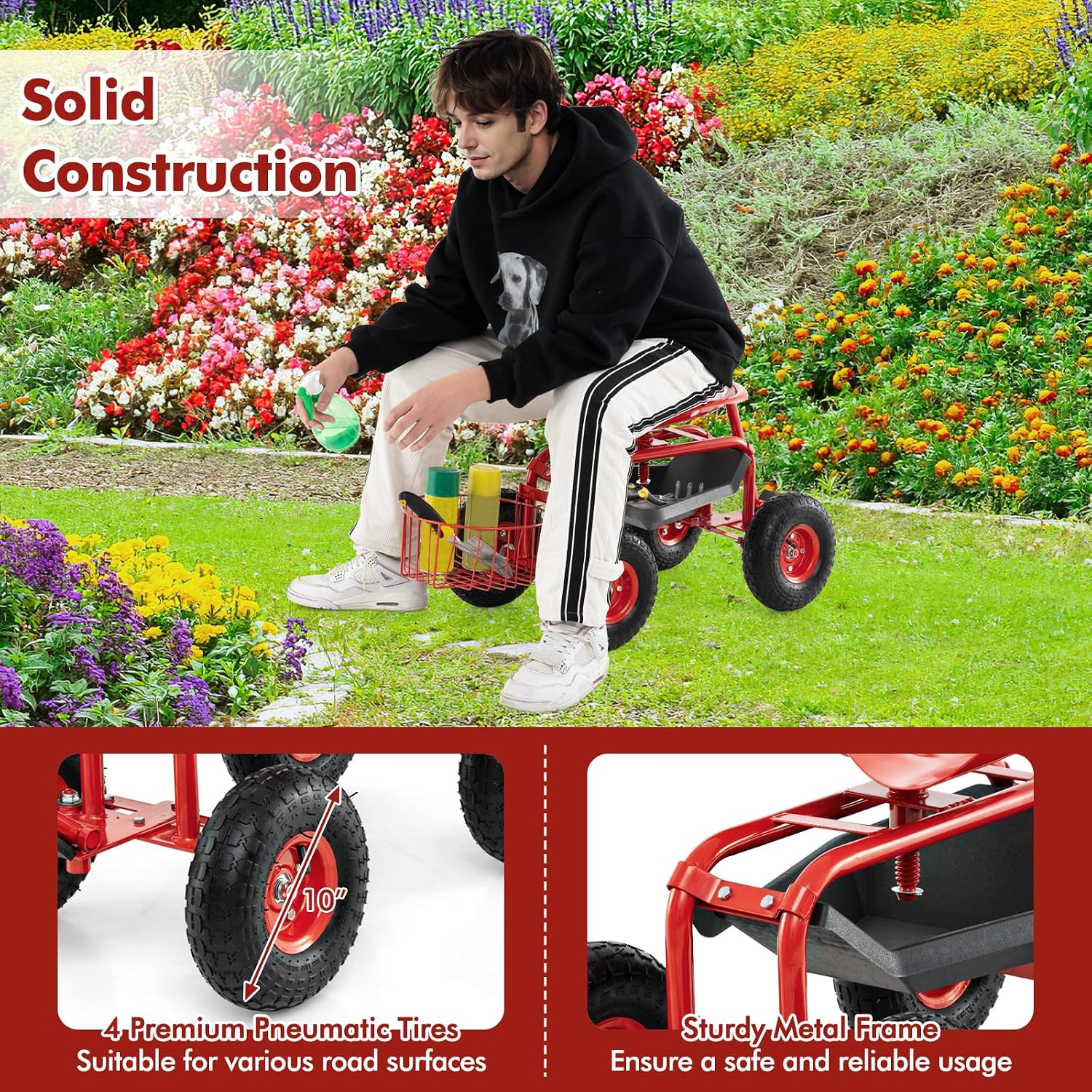 Goplus Rolling Garden Cart with Seat, Outdoor Garden Stool with Wheels, Tool Tray & Basket, Adjustable Steering Handle