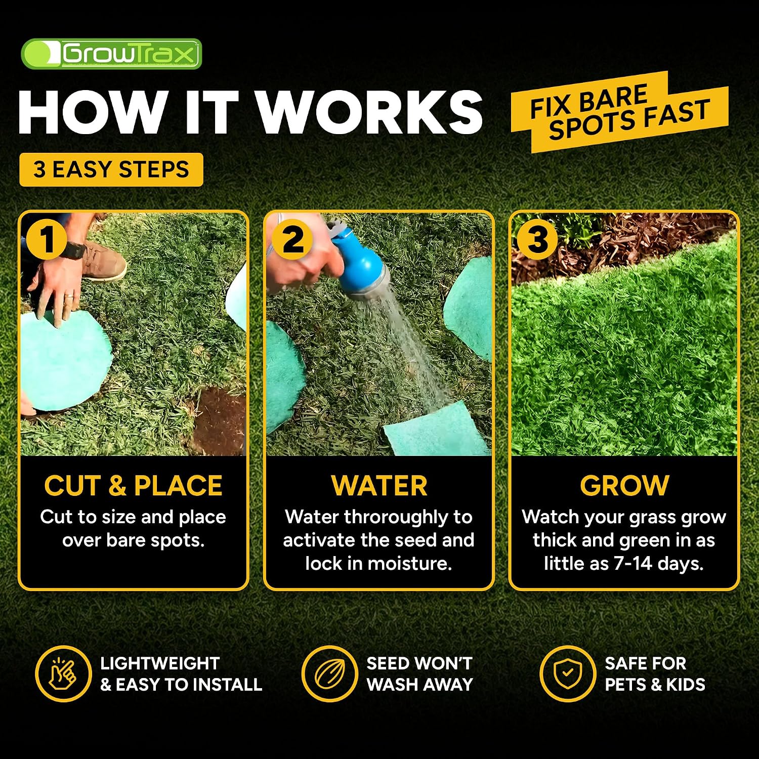 Growtrax Biodegradable Grass Seed Mat - 50 Sq Ft Bermuda Rye | Grass Seed and Fertilizer for Lawns, Dog Patches & Shade, Just Water and Grow