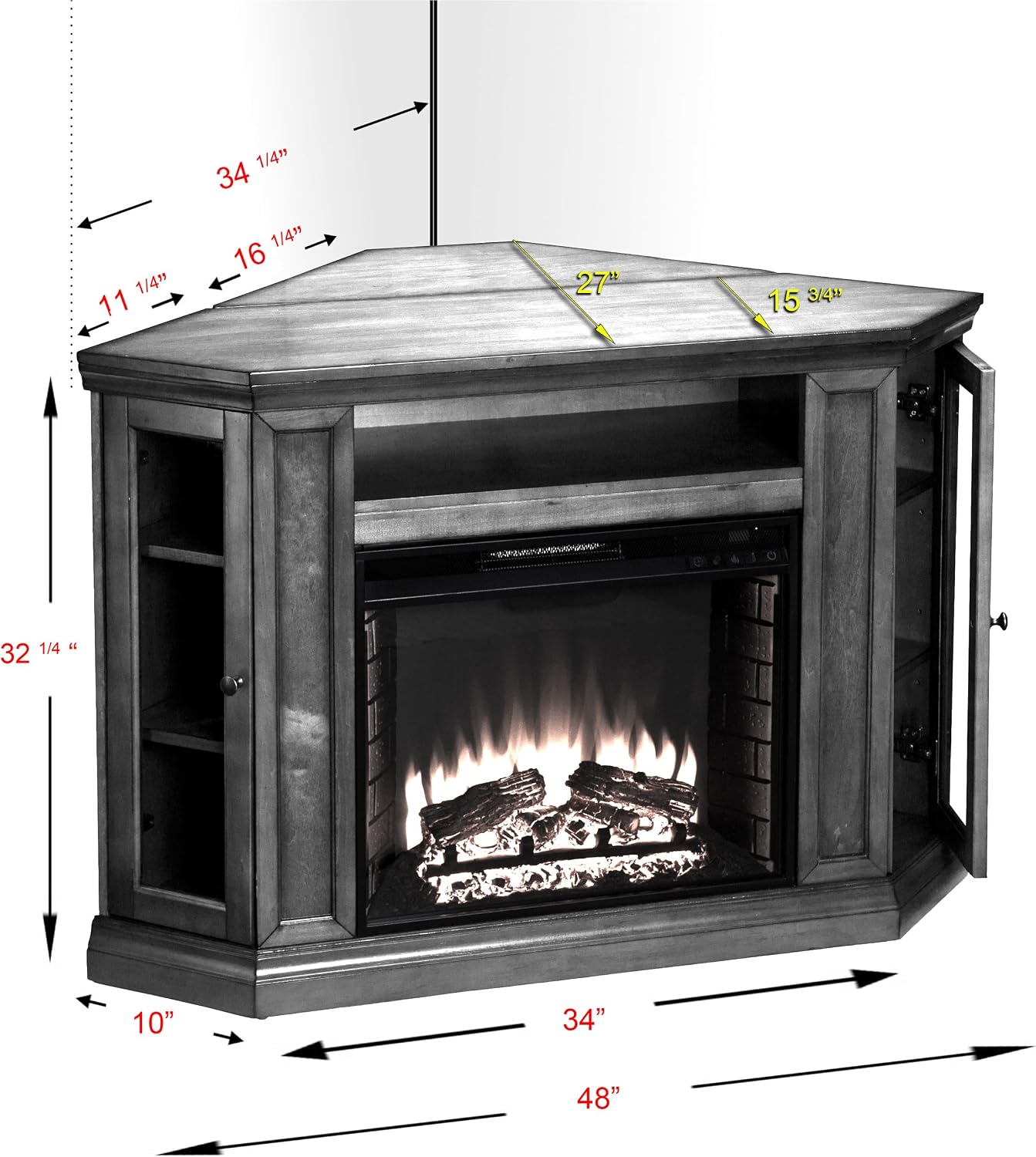 SEI Furniture Claremont Convertible Corner Electric Fireplace Media Stand with Storage, Black
