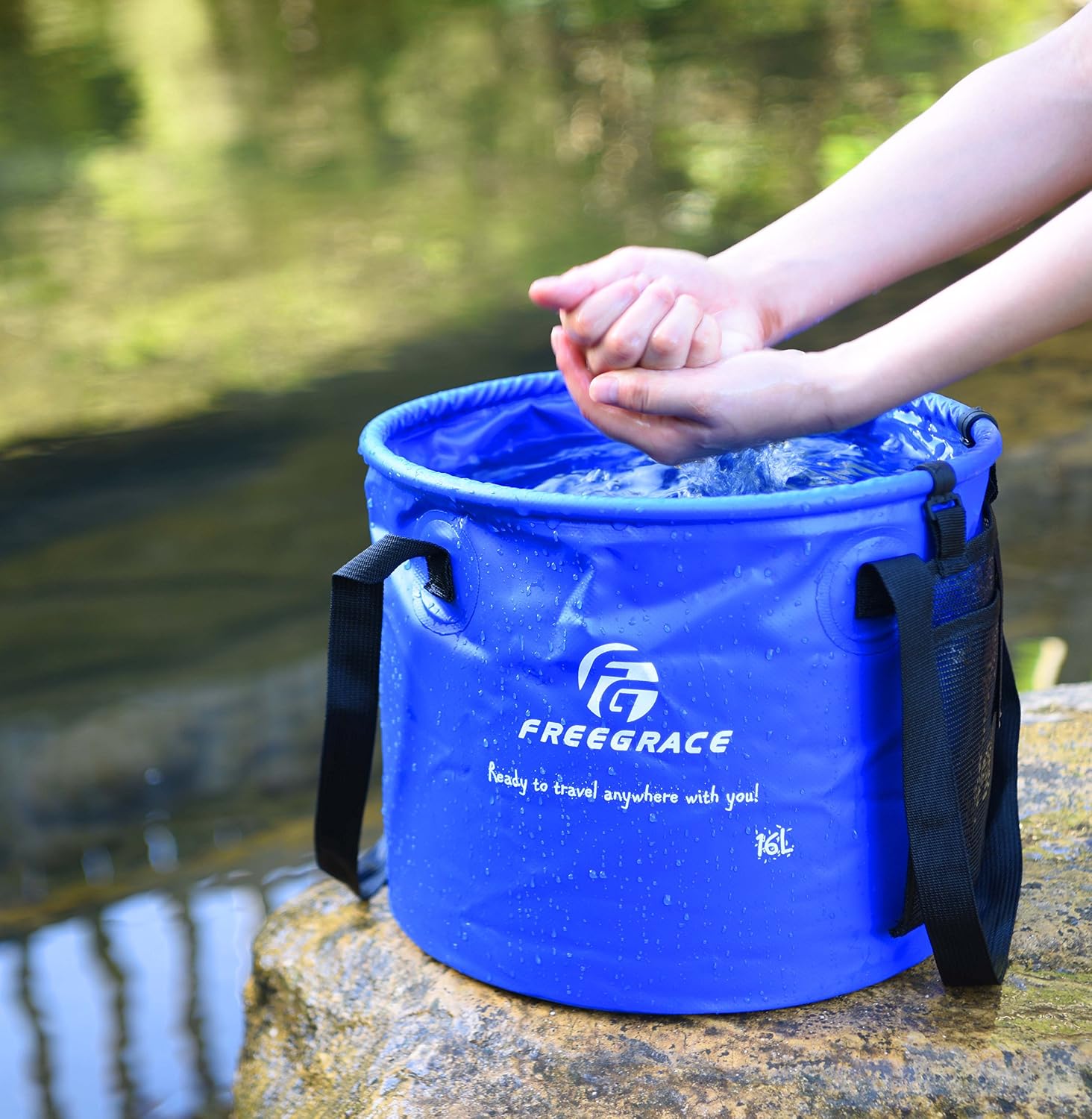 Freegrace Collapsible Bucket with Mesh Tool Pocket - 10L, 16L & 23L Portable Folding Water Container - Heavy Duty 500D Tarpaulin, BPA-Free Wash Basin for Camping, Fishing, RV, and Car Washing