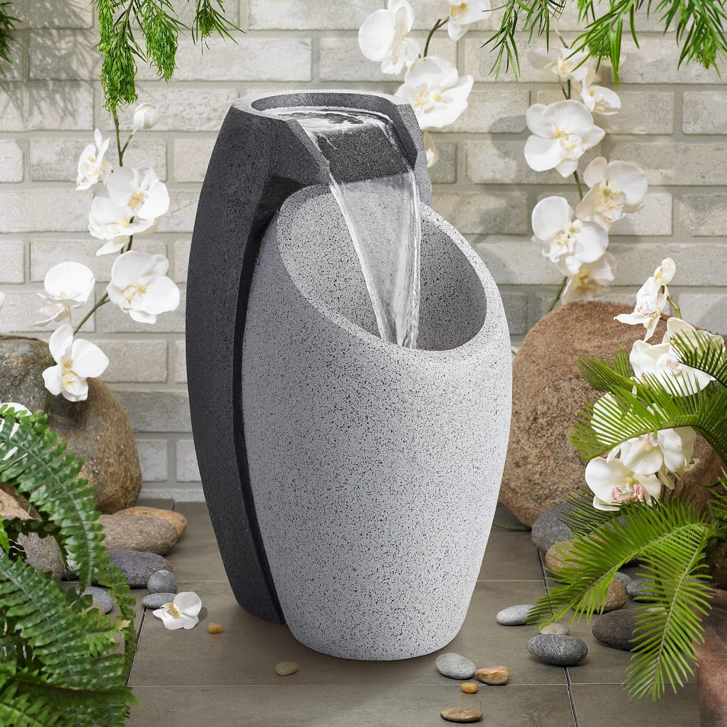 Waterfall 25" High Modern Outdoor Indoor Large Fountain with LED Light | Decor Faux Stone Floor Pot Standing Water Feature for Outside Garden Patio