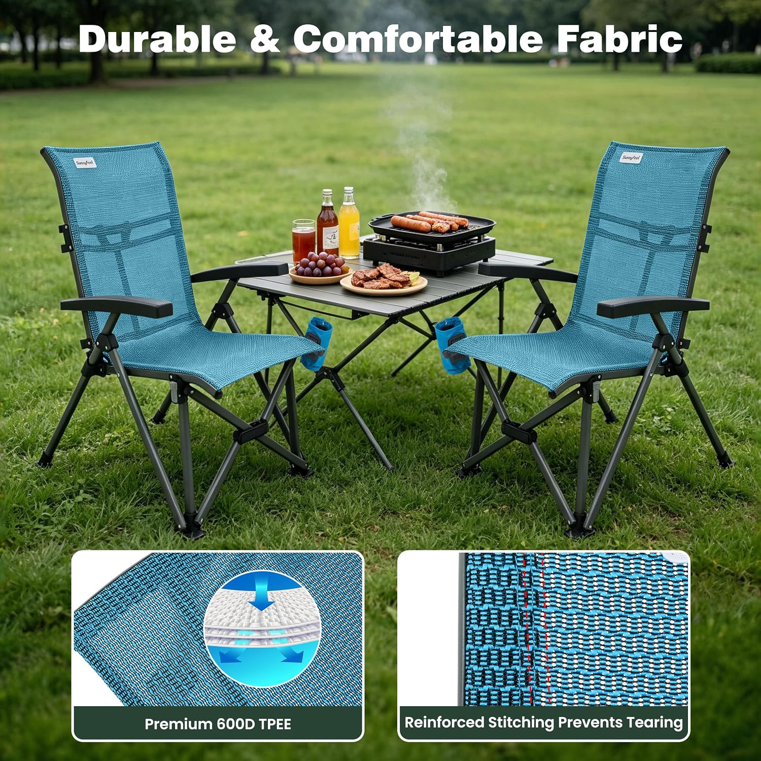 SUNNYFEEL High Back Folding Camping Chair 500 lbs with Aluminum Frame, Grey | Ergonomic Back Support, High-Resilience Fabric & Uv-Rated, Detachable Cup Holder and Carry Bag for Camping, Beach, RV, Patio