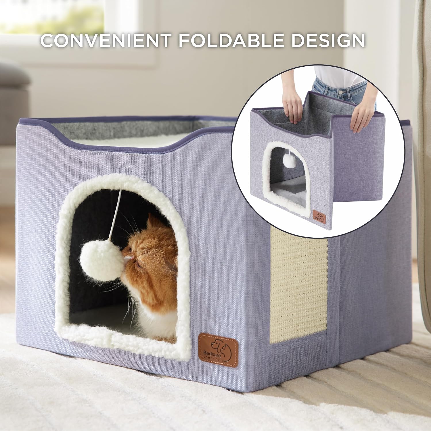 Bedsure Cat House Bed for Indoor Cats with Fluffy Ball and Scratch Pad,Grey