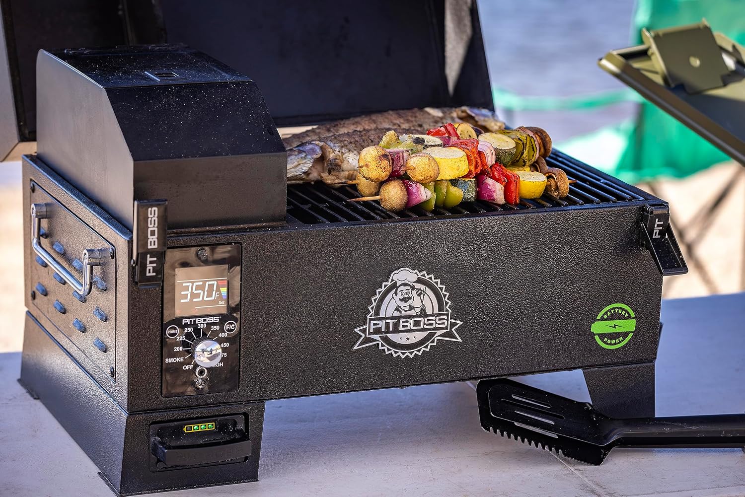 Pit Boss 150 Battery Powered Wood Pellet Grill & Smoker with Flame Broiler 256-Sq. In. Cooking Space, 180°F to 500°F Temperature Range