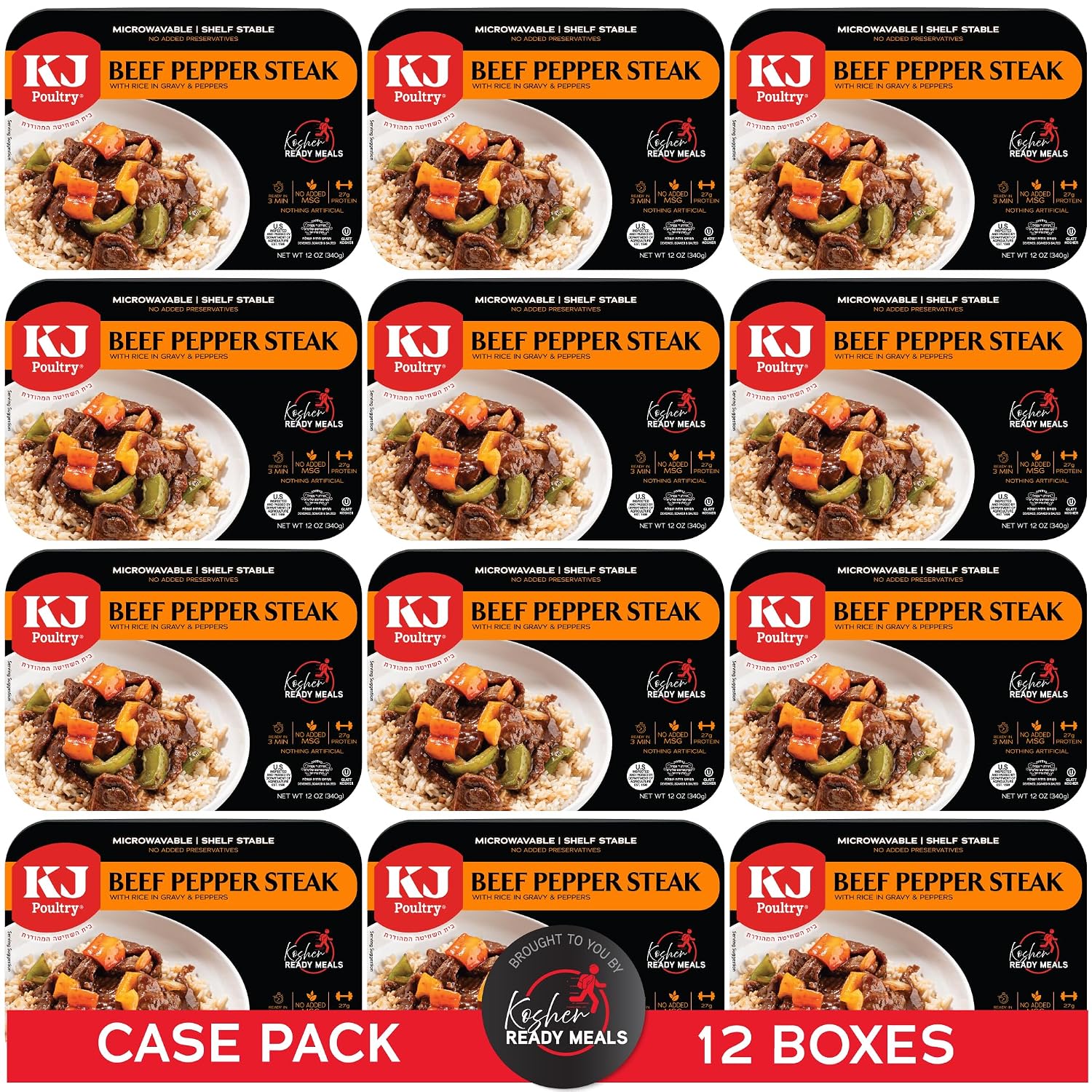 KJ Poultry Kosher Ready Meals - Beef Pepper Steak & Rice, MRE Meat Meals Ready to Eat (1 Pack) Prepared Entree Fully Cooked, Shelf Stable Microwave Dinner Travel, Military, Camping, Emergency Survival