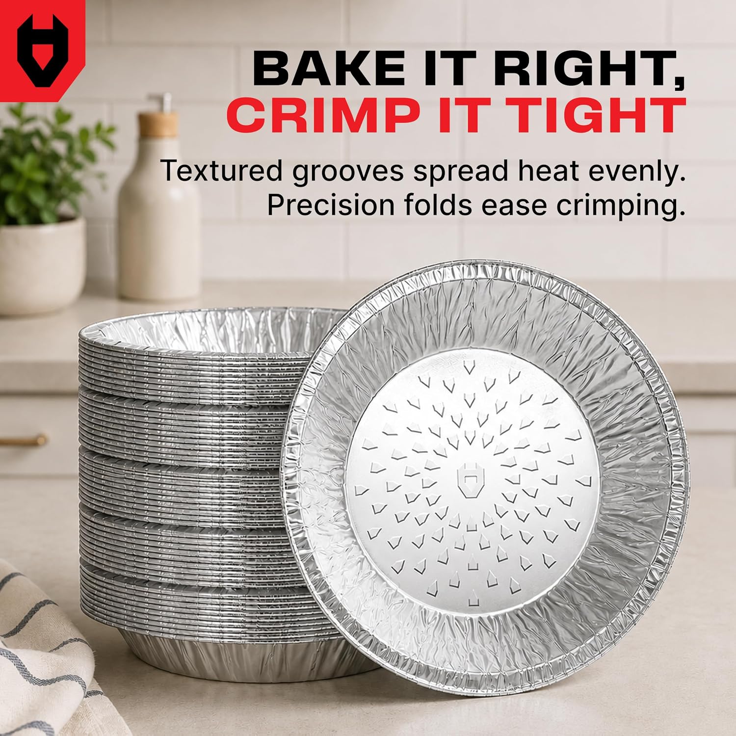 NoCry Premium Disposable Pie Pans 9 Inch (50 Pack) — Foil Aluminum Tins with Curl Lip for Baking Delicious Tarts or Crispy Pastry Crusts —