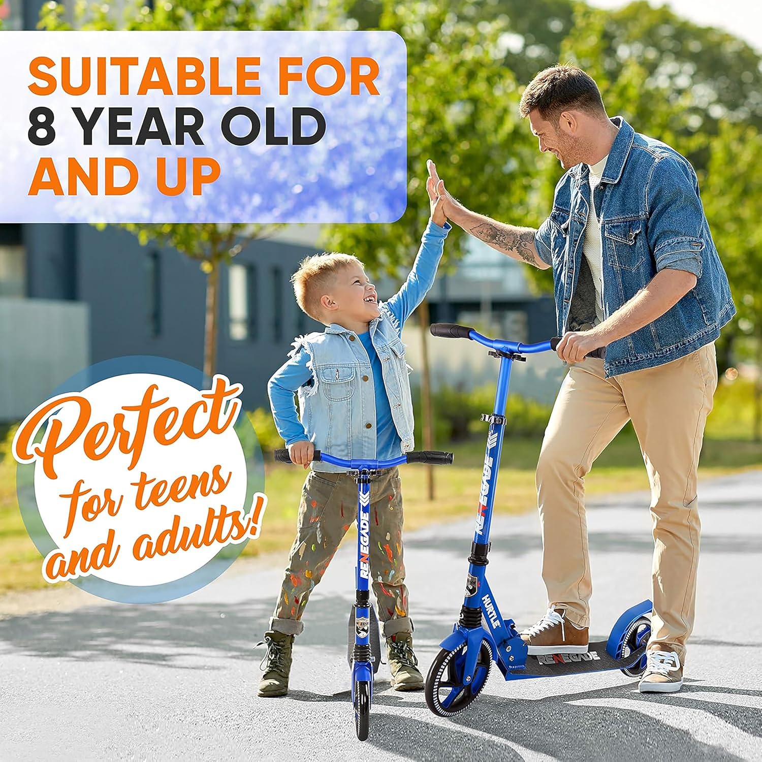Hurtle Renegade Kick Scooter for Kids, Teenagers & Adults - 2-Wheel Folding Scooter with Adjustable T-Bar Handlebar - Alloy Anti-Slip Deck