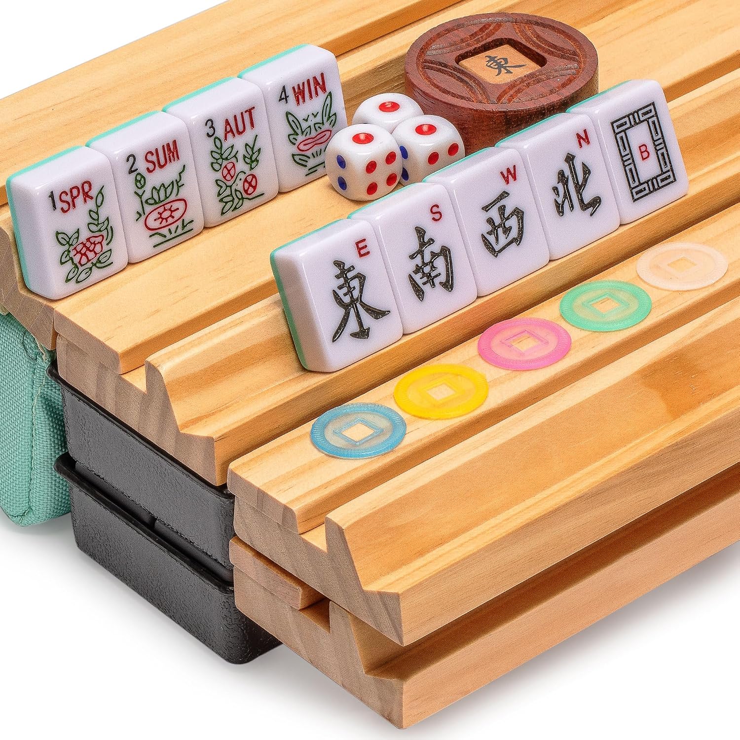Yellow Mountain Imports American Mahjong Set, Mojave (Ivory) with Brown Soft Case, All-in-One Racks with Pushers, Wright Patterson Scoring Coins, Dice, & Wind Indicator
