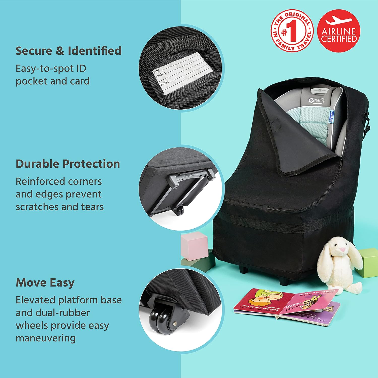 J.L. Childress Spinner Wheelie Padded Car Seat Bag- Travel Bag for Airplane, Fits Most Baby & Infant Car Seats, Boosters, & Carriers, Airport Accessories for Gate Check or Baggage Check- Deluxe, Black