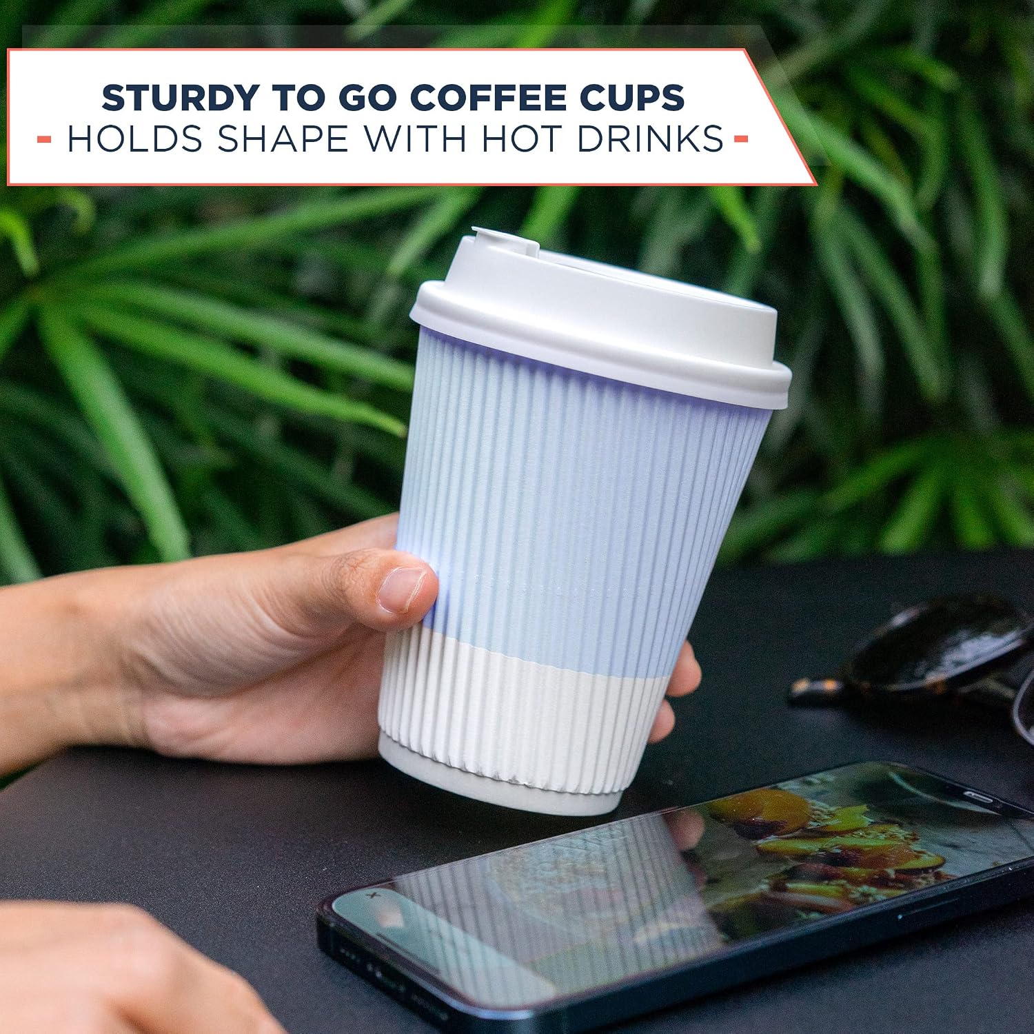Disposable Coffee Cups With Lids - (80 set) 12 oz Paper To Go Coffee Cups With Resealable Lids Prevent Leaks! Travel Insulated Hot Beverage Drink Cup. Will Not Bend With Heat or Burn Fingers