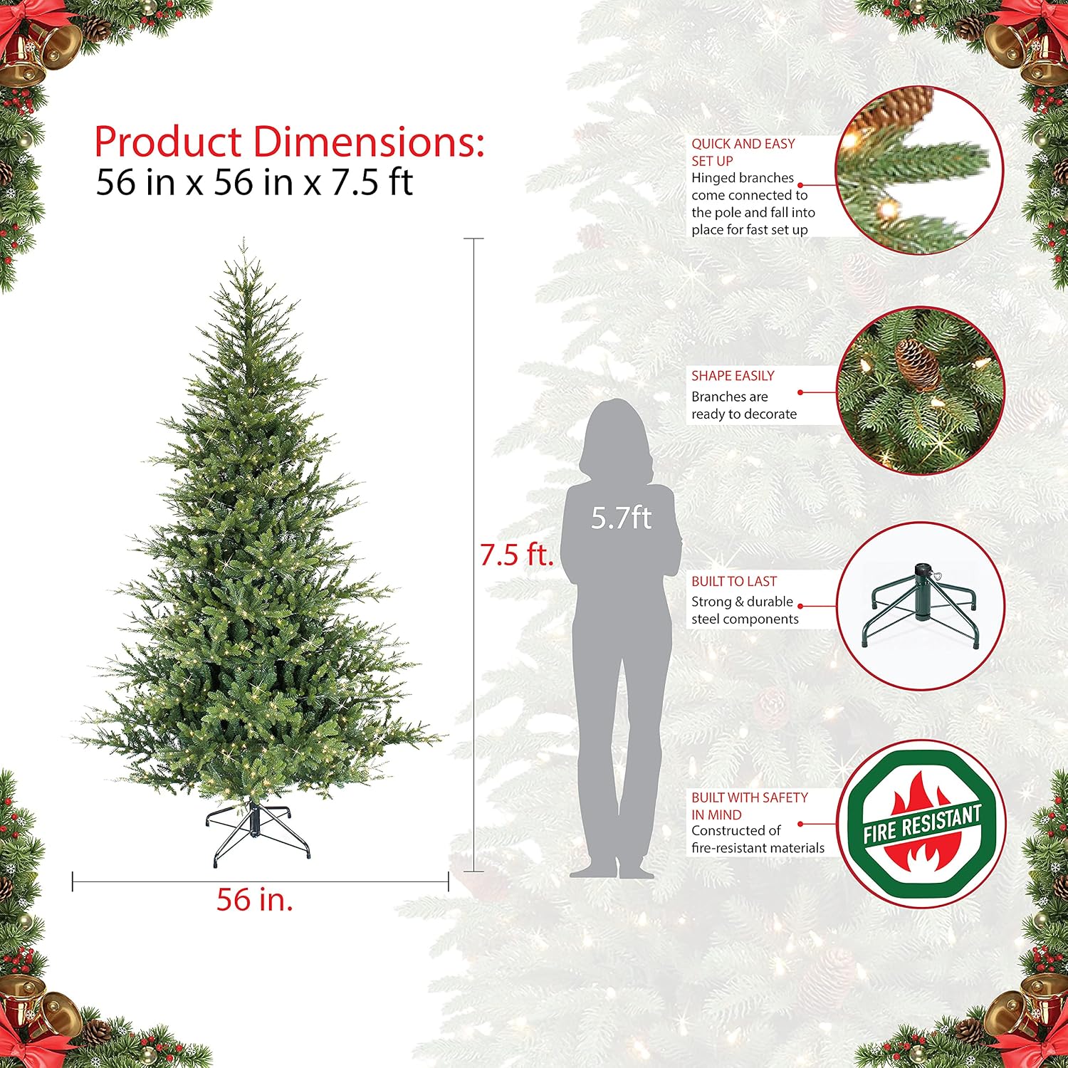 Puleo International 7.5 Foot Pre-Lit Alberta Spruce Artificial Christmas Tree with 1,000 Warm White LED Lights