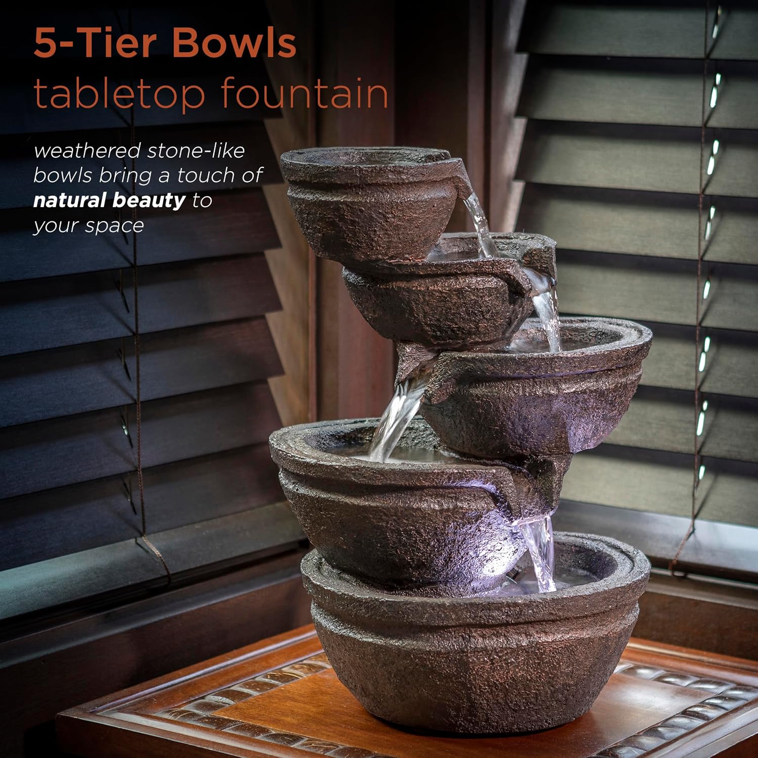 Alpine Corporation WIN1138 13" Indoor Tabletop Tiering Bowls Water Fountain with LED Lights – Cascading Water Feature for Home, Office, Meditation, and Relaxation, Dark Gray