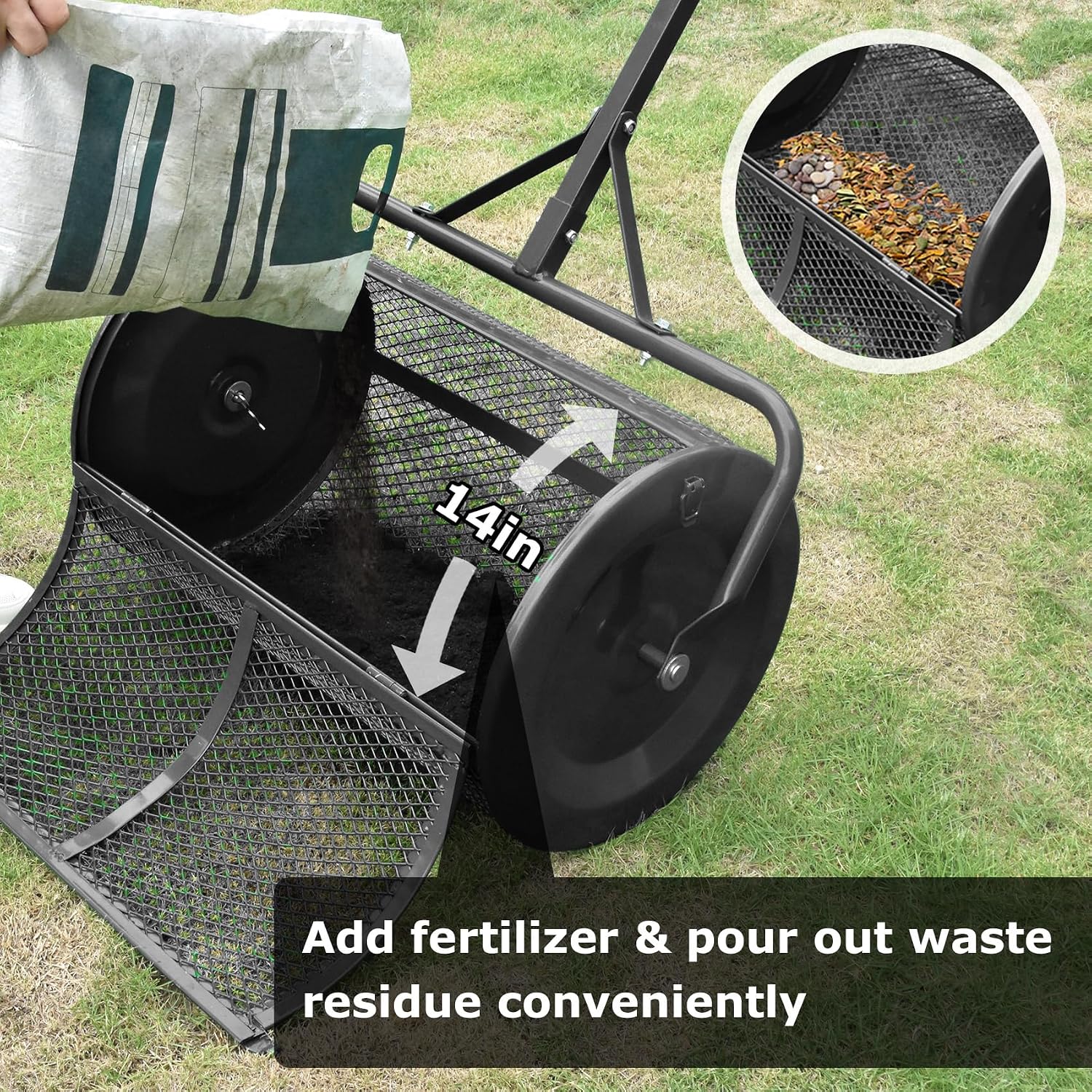 Seeutek Compost Spreader, 24" Peat Moss Spreader with 3 Heights | Push or Tow Top Soil Spreader W/Upgraded Side Latches Support Rod Powder Coated Metal Mesh Top Dressing Spreader for Lawn