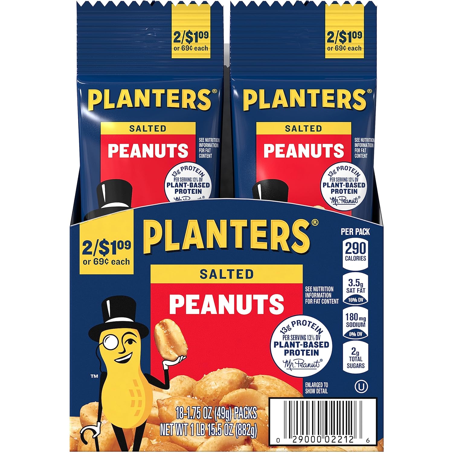 PLANTERS Salted Peanuts, Plant Based Protein Snacks, 1 Oz (48 Ct) | Roasted Salted Nuts Snack Packs. Kosher. Bag. Snacks for Adults. Individual Snacks