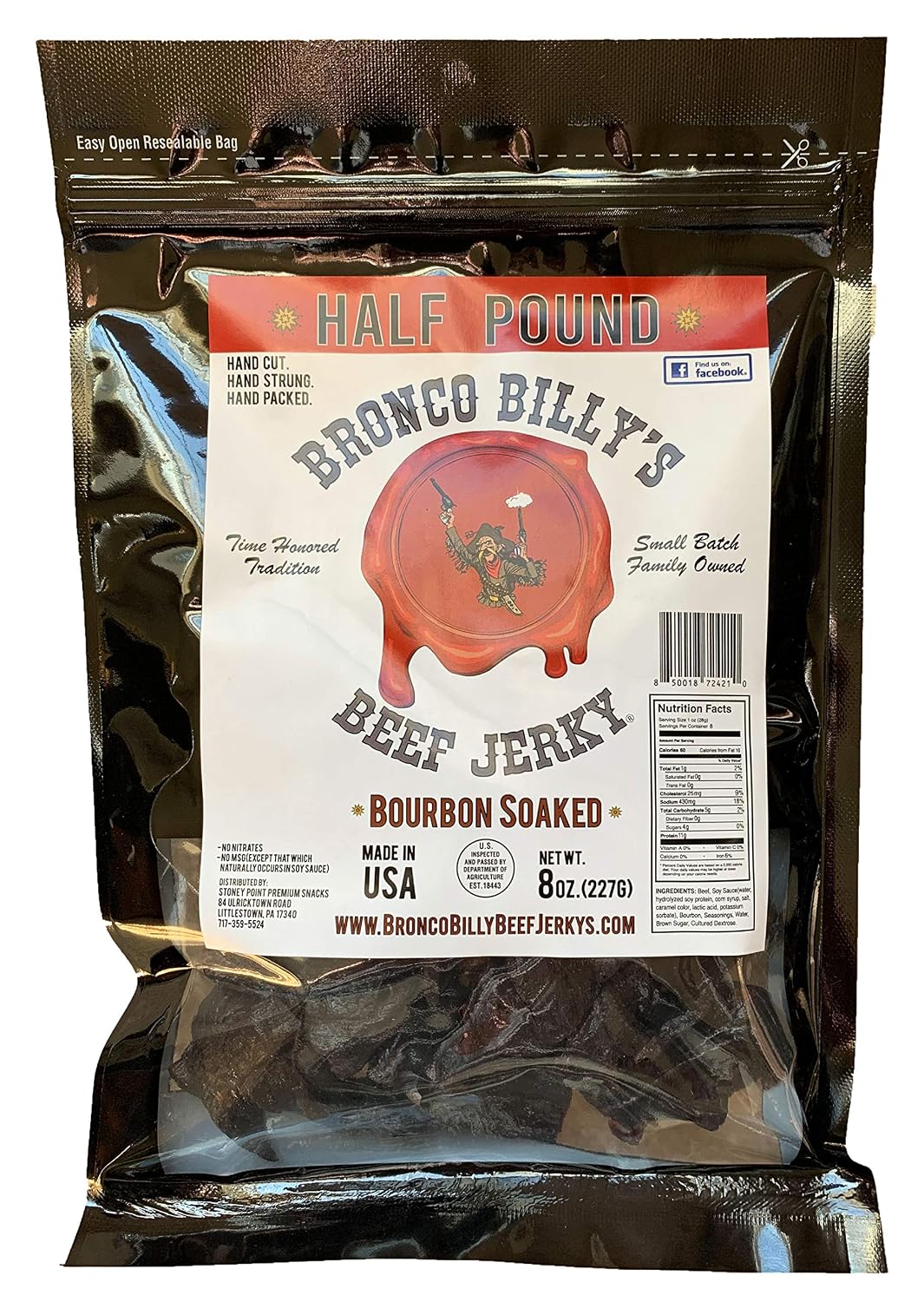 Bronco Billy's Beef Jerky Hickory Smoked Old Country Half Pound Resealable Bag