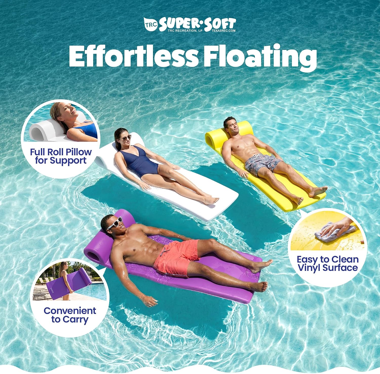 TRC Recreation Sunsation 1.75" Thick Foam Pool Float Lounger w/ Headrest for Lounging & Sunbathing in Swimming Pools, Beaches & Lakes, 70" x 26