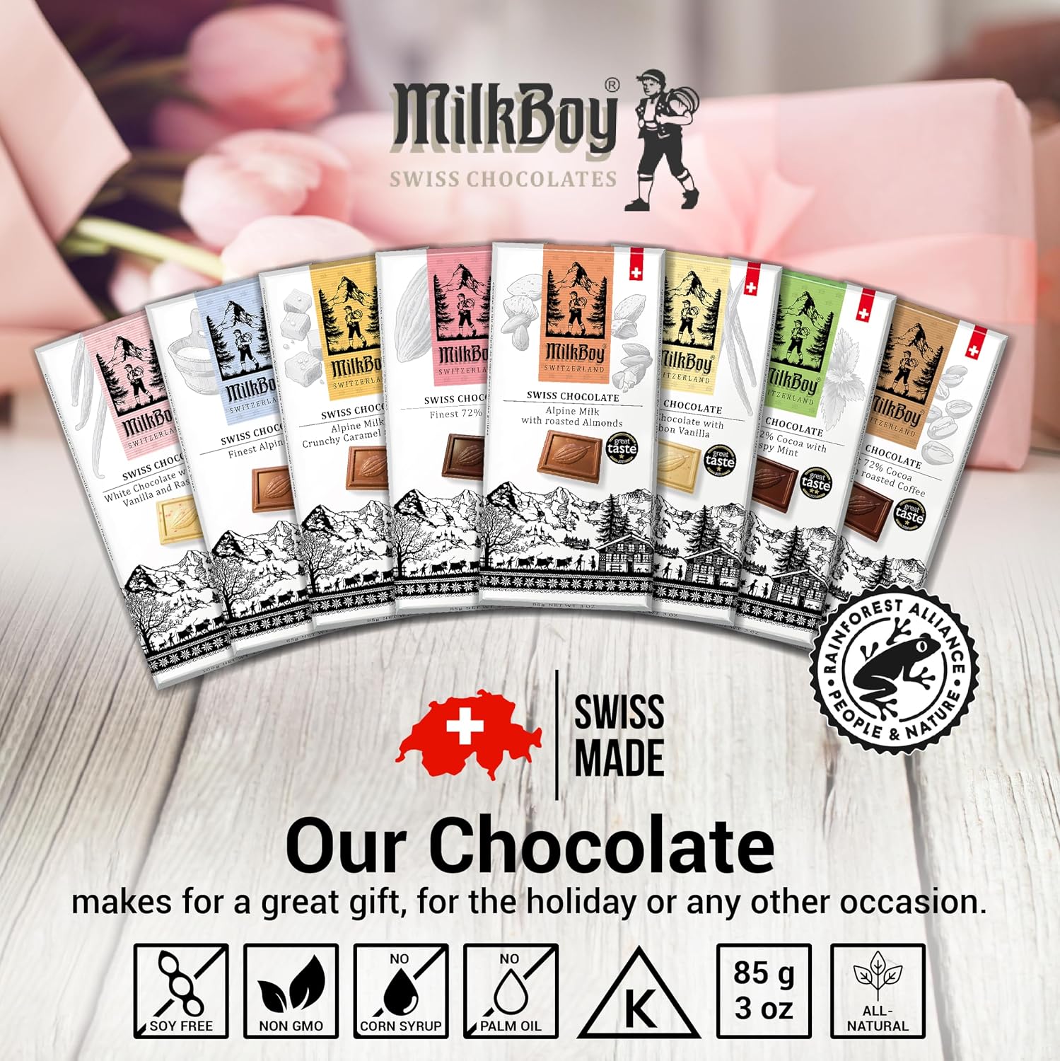MilkBoy Swiss Chocolates Chocolate Bar Variety Flavors - 3 oz, 5 Pack | Includes milk, dark, white bourbon vanilla, caramel sea salt & almond flavors. Rainforest Alliance certified cocoa. Kosher.