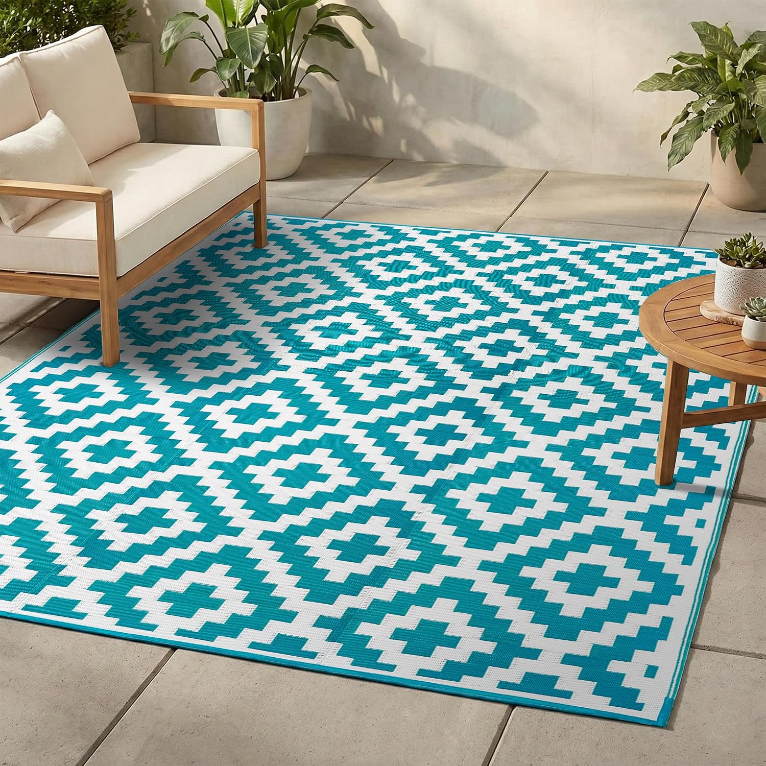 FH Home Outdoor Camping Rug - Waterproof, Fade Resistant, Reversible - Premium Recycled Plastic - Striped - Large Patio, Deck, Sunroom