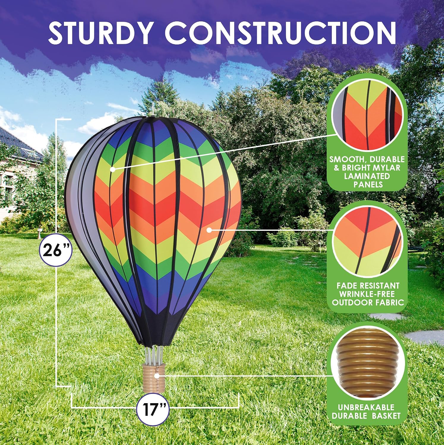 Hot Air Balloon Hanging Garden Spinner 26" - Vibrant Double Rainbow Chevron Design, Weather-Resistant Outdoor Decor, Durable & Lightweight for Patios