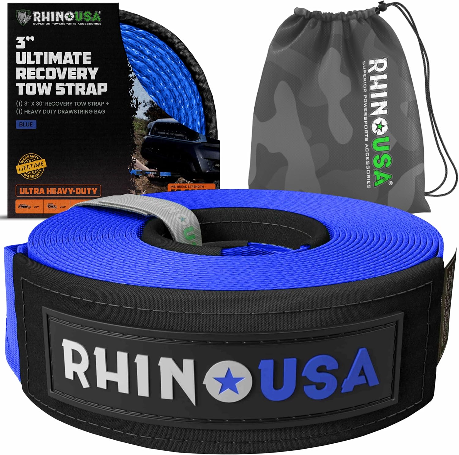 Rhino USA Recovery Tow Strap (3in x 30ft) - 31,518lb Heavy Duty Towing | 31,518lb Break Strength Emergency Tow Strap, Extended 30ft Length. For Truck, UTV, ATV & Jeep Offroad Recovery. Black