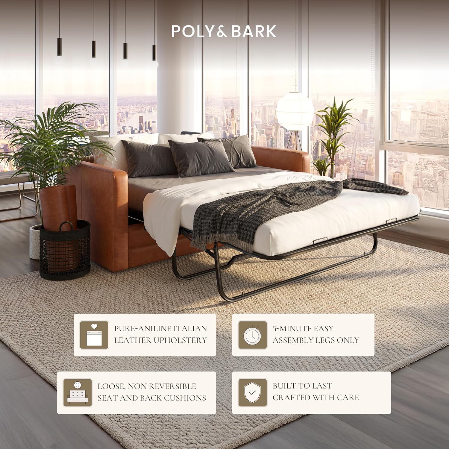 Poly & BARK 55" Tufted Leather Bed Bench for Bedroom End of Bed - Living Room Entry Way Bench - Pure Italian Leather Upholstery with a Solid Wood Frame - Ottoman Bench with Wooden Legs - Cognac Tan