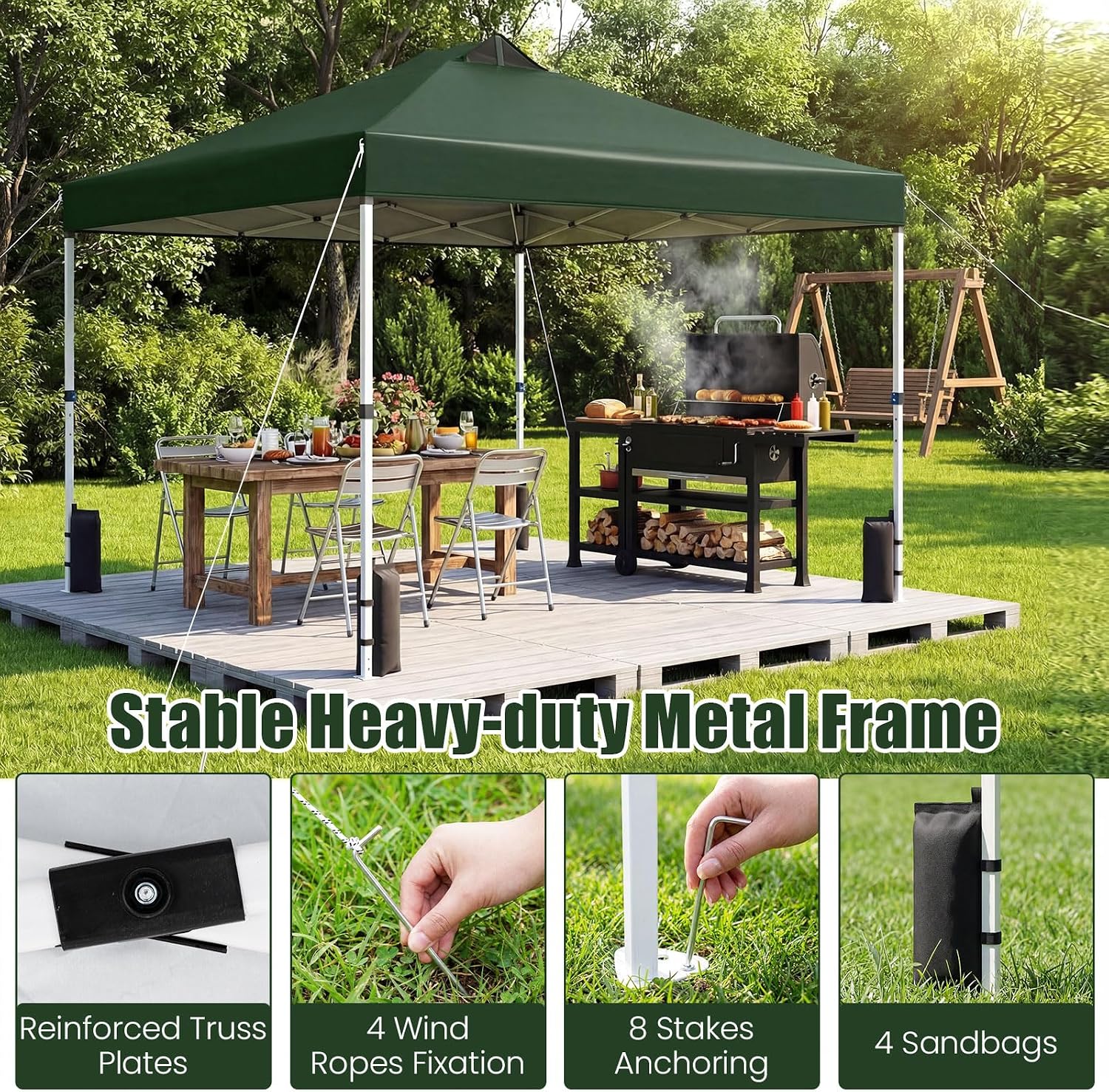 Tangkula 10 x10 Ft Pop Up Canopy with Center Lock, UPF 50+ One-Button Setup Outdoor Canopy Tent with Roller Bag, 4 Sand Bags, Heavy-Duty Steel Frame