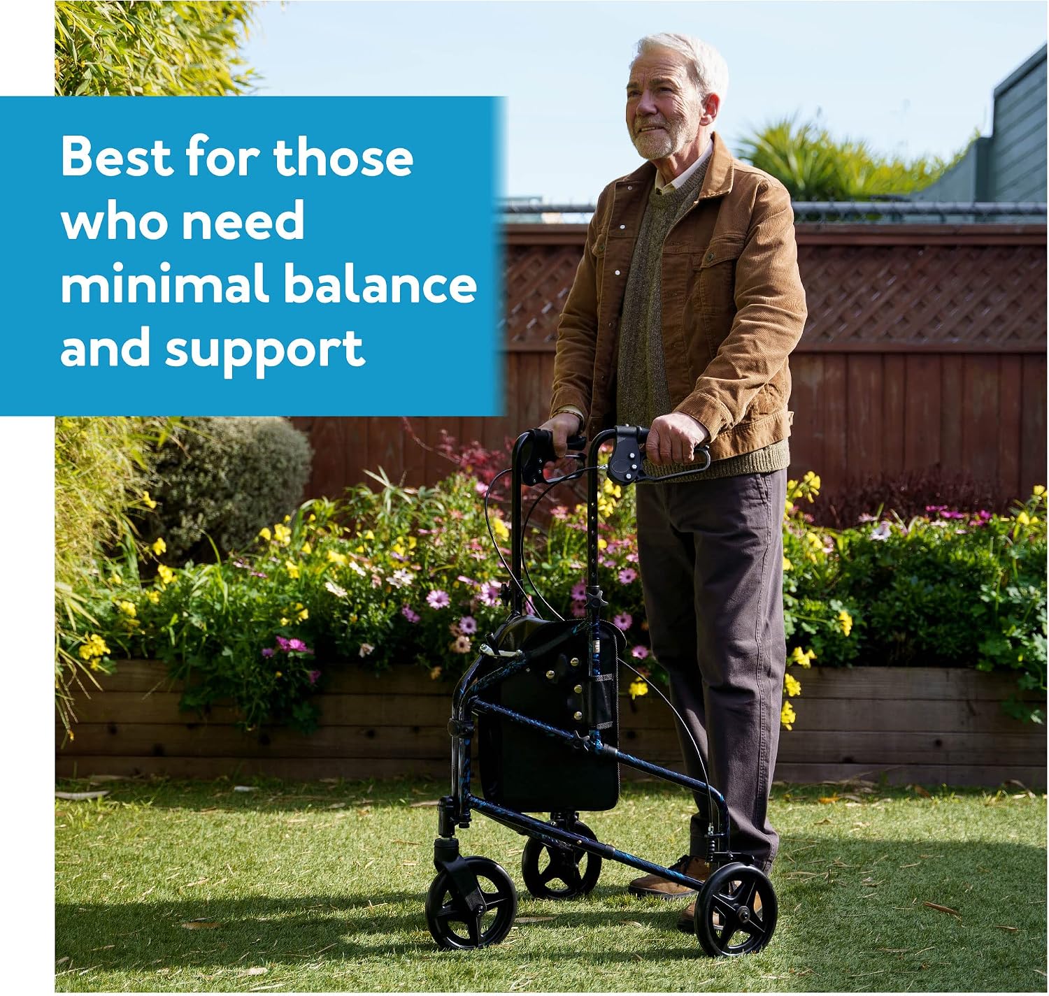 Carex 3 Wheel Walker for Seniors, Foldable, Rollator Walker with Three Wheels, Three Wheel Rolling Walker Height Adjustable for Seniors, Blue, Trio