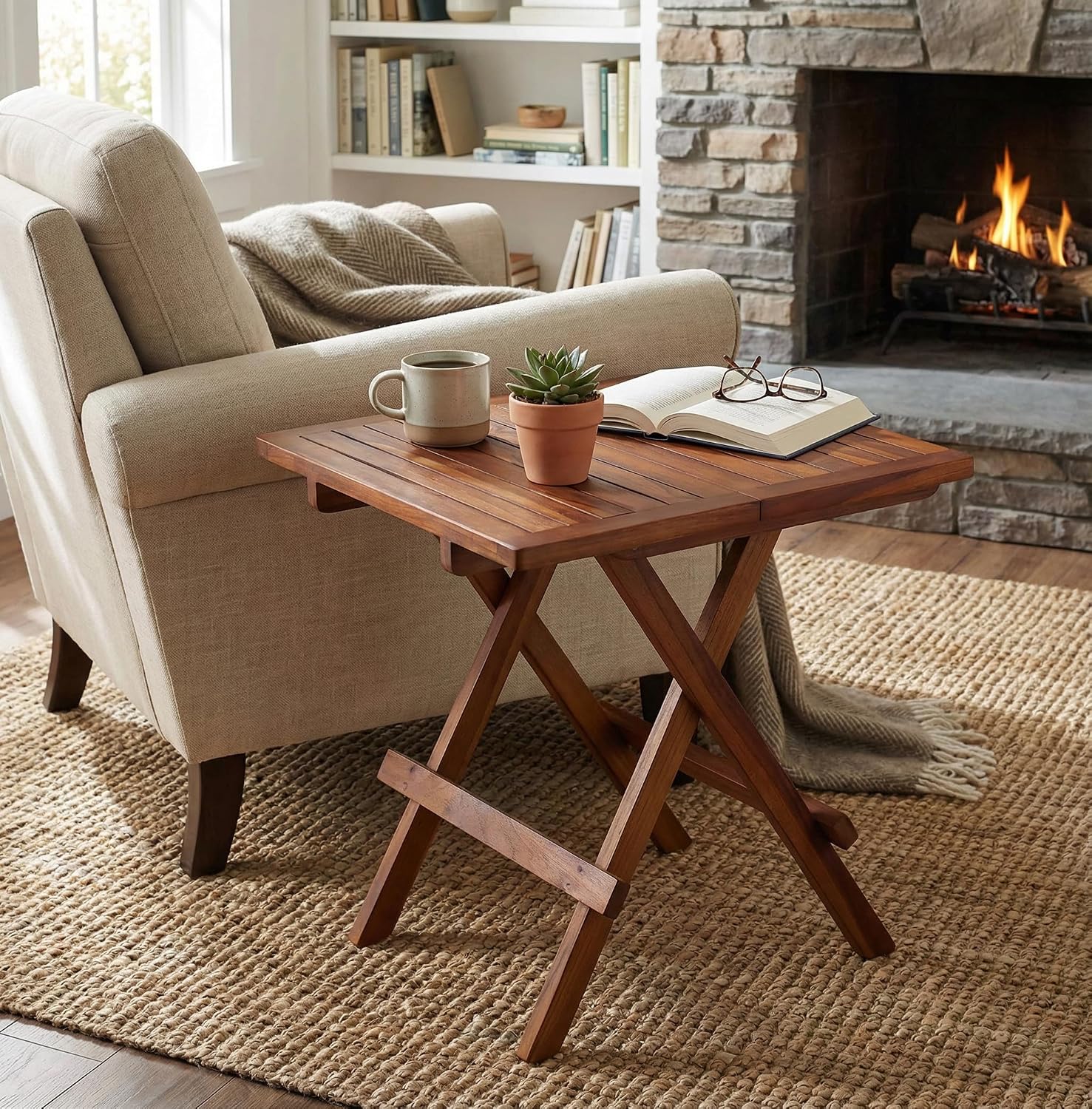 Ravinia Folding Teak Small Table, Oiled Finish Brown