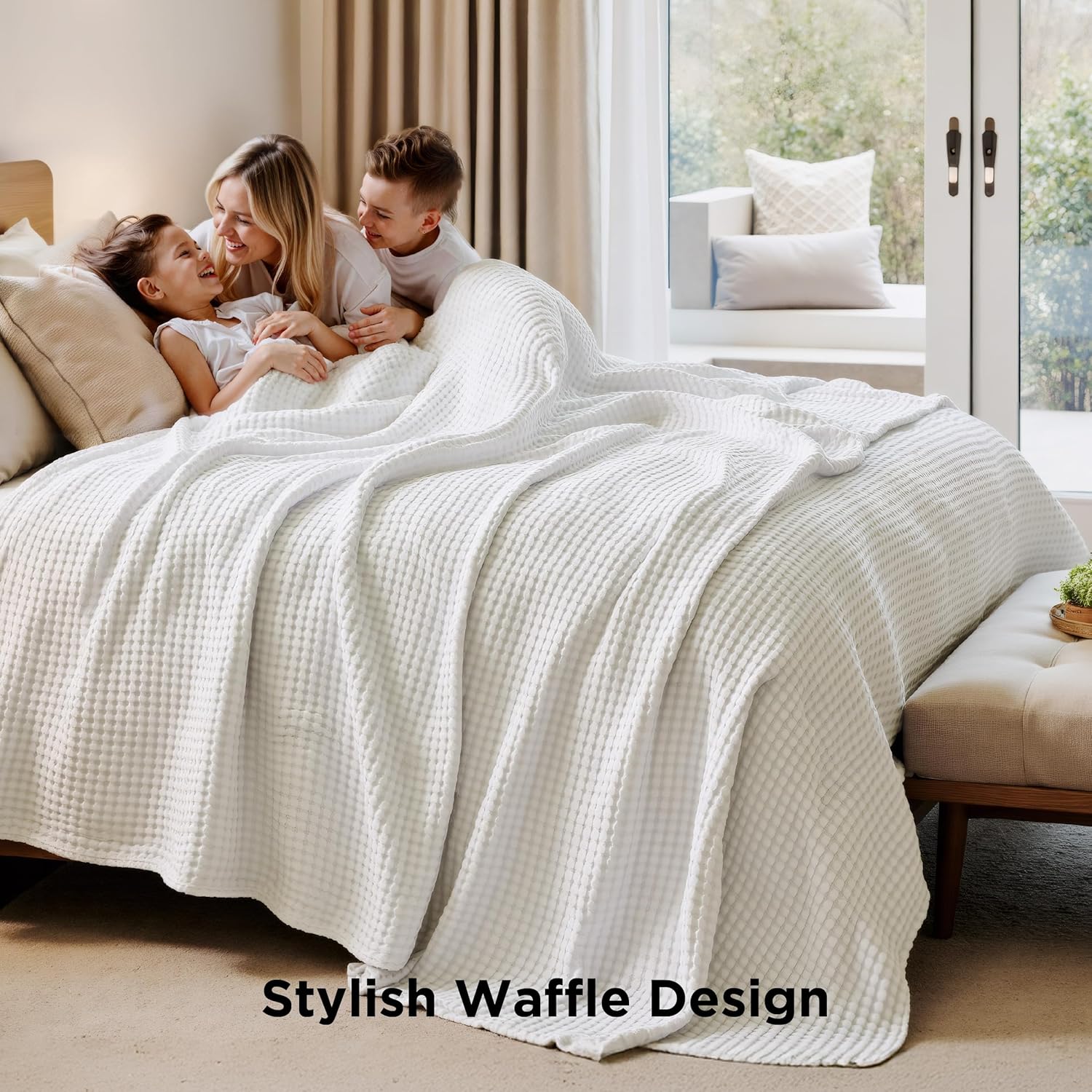 Bedsure Cooling Waffle Blanket for Hot Sleepers, Ivory, Queen, 90"x90"