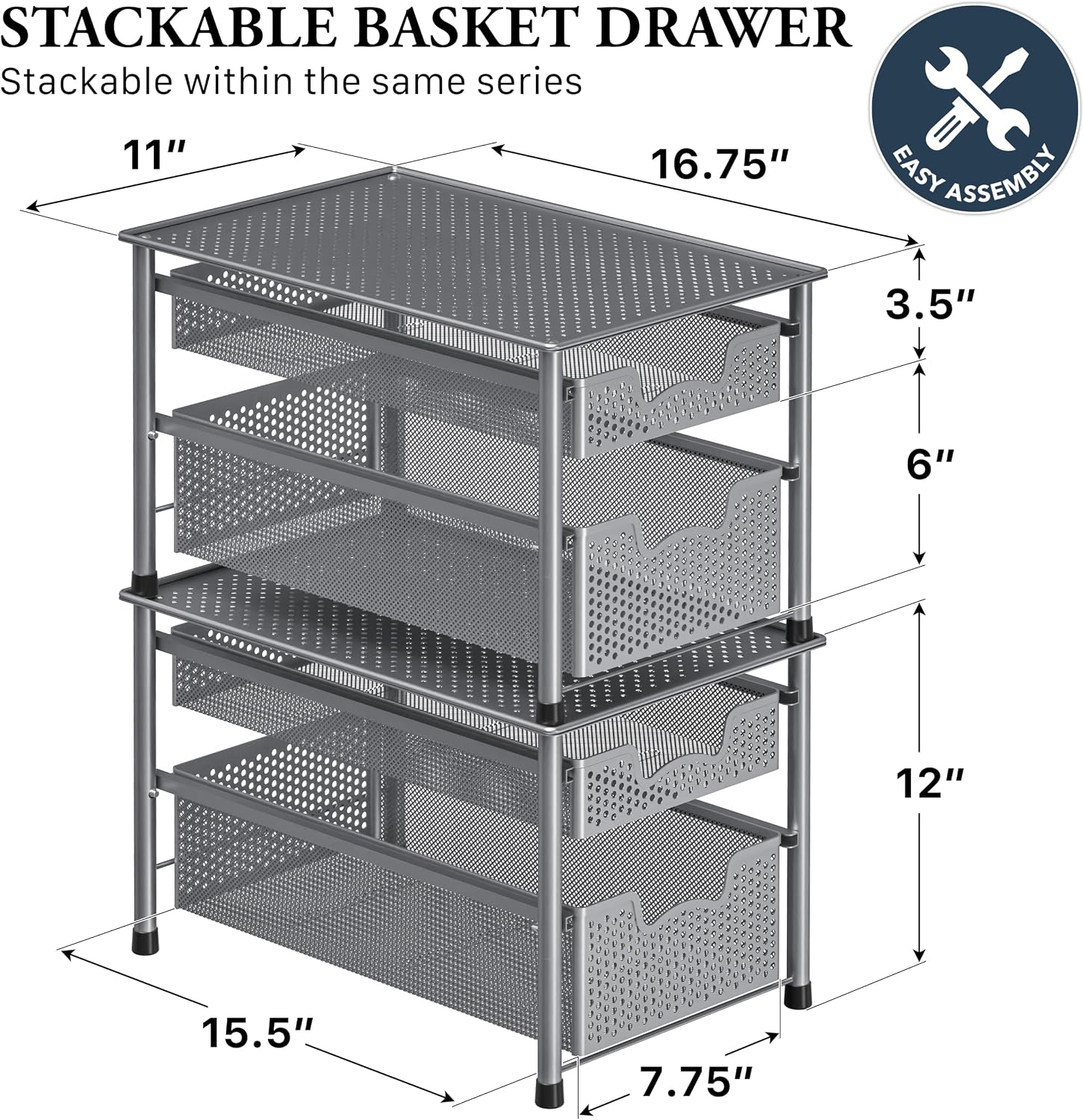 Simple Houseware Stackable 3 Tier Sliding Basket Organizer Drawer, Silver