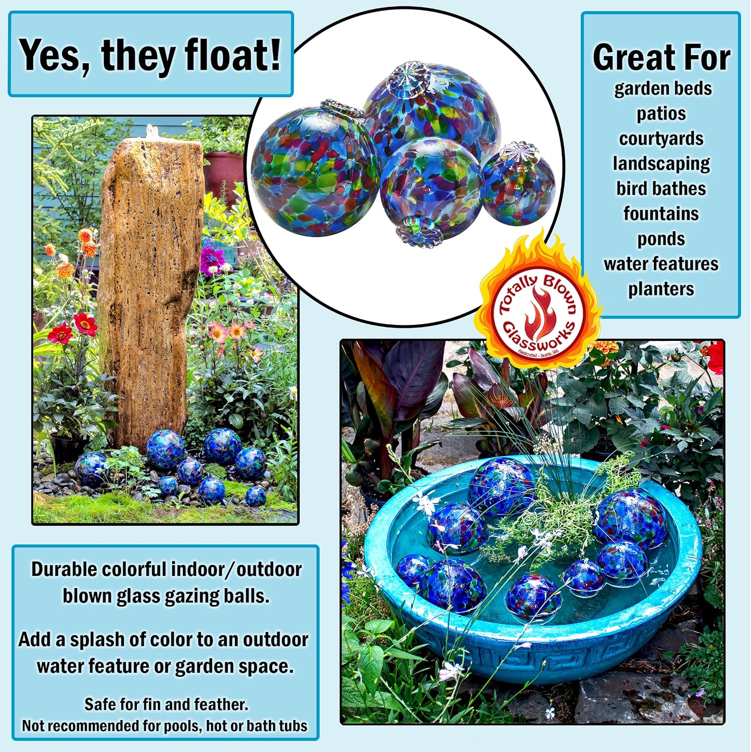 Totally Blown Glassworks Pond Float. Handmade Blown Glass, Garden Gazing Ball, Table Centerpiece