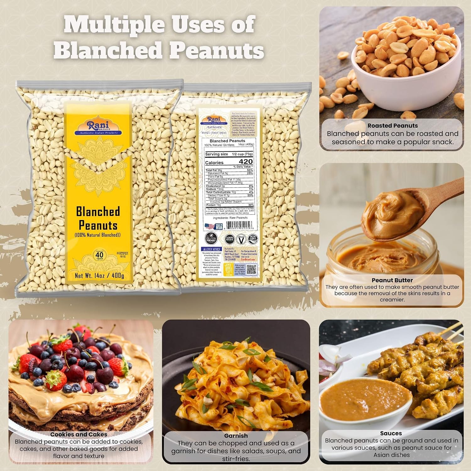 Rani Peanuts, Raw Whole With Skin (uncooked, unsalted) 14oz (400g) ~ All Natural | Vegan | Kosher | Gluten Friendly | Fresh Product of USA ~ Spanish Grade Groundnut/Red-skin