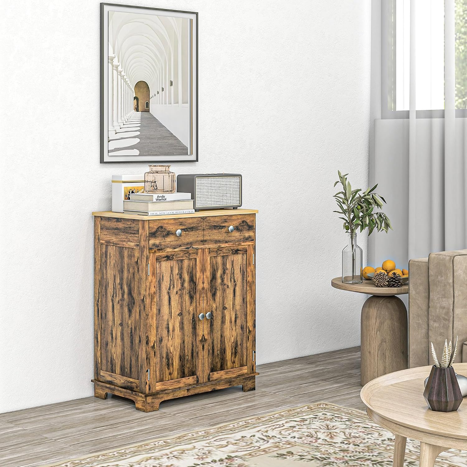 HOMCOM Sideboard Buffet Cabinet Solid Wood Countertop White