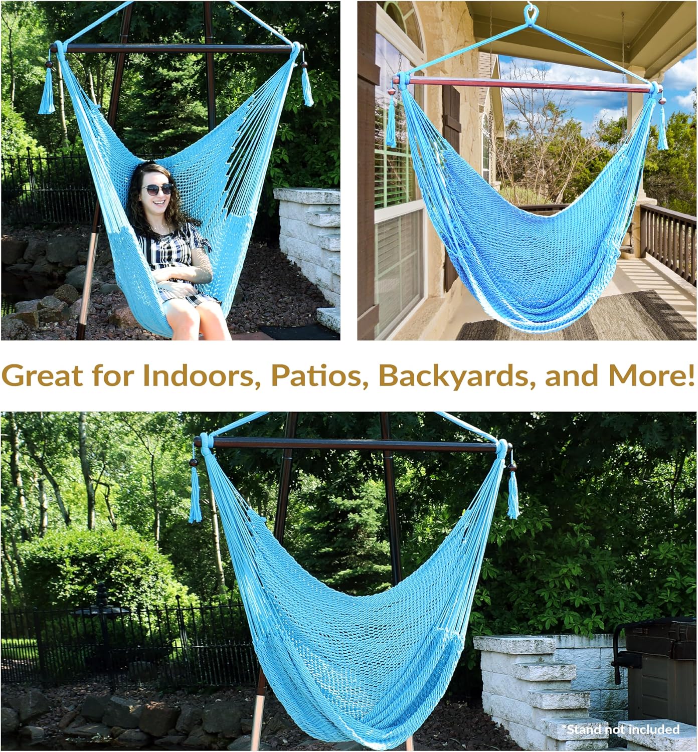 Sunnydaze Hanging Hammock Chair Swing for Patio, Caribbean, Tan | 300 lb Capacity, Wooden Spreader Bar, Woven Polyester, Hang From a Tree, Hammock Chair Stand, or Ceiling, Hammock Swing Chair