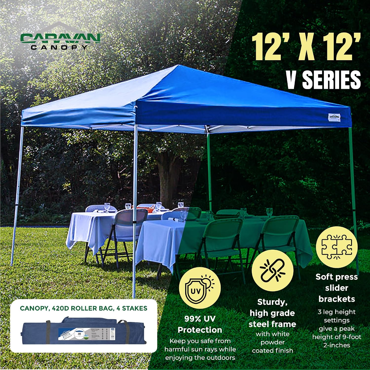 Caravan Canopy Pop-Up Tent V Series 2 12 x 12 ft Slanted Leg Instant Shade, Blue
