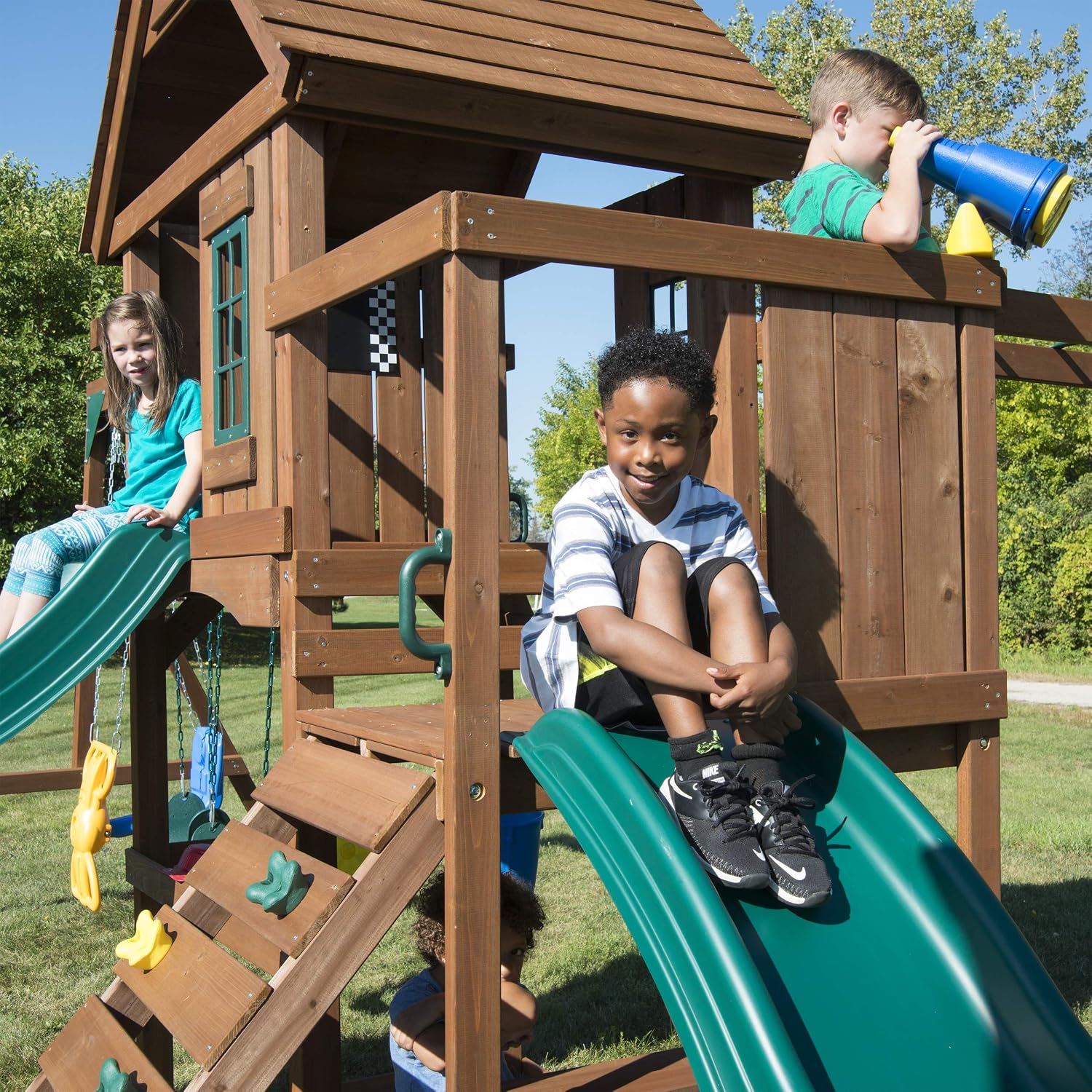 Swing-N-Slide WS 8354 Knightsbridge Super Wooden Swing Set with Two Slides, Play Set, Monkey Bars, Climbing Wall, Music Play & Climbing Wall, Wood