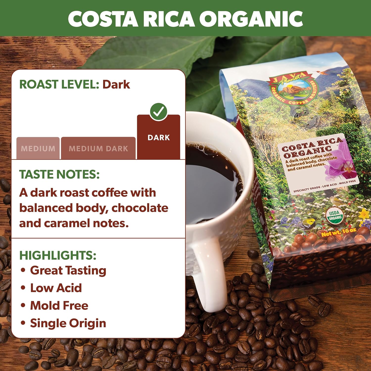 Java Planet Low Acid Organic Espresso Beans, Dark Roast Coffee Beans, 16 oz