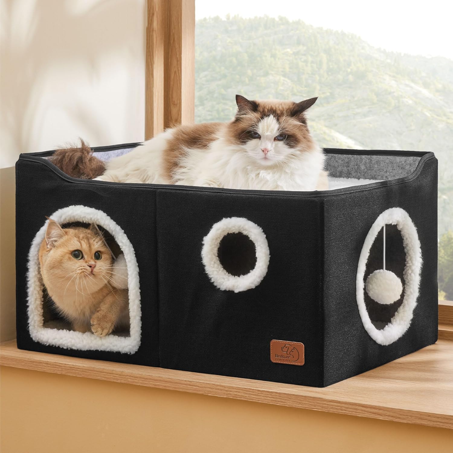 Bedsure Cat House Bed for Indoor Cats with Fluffy Ball and Scratch Pad,Grey