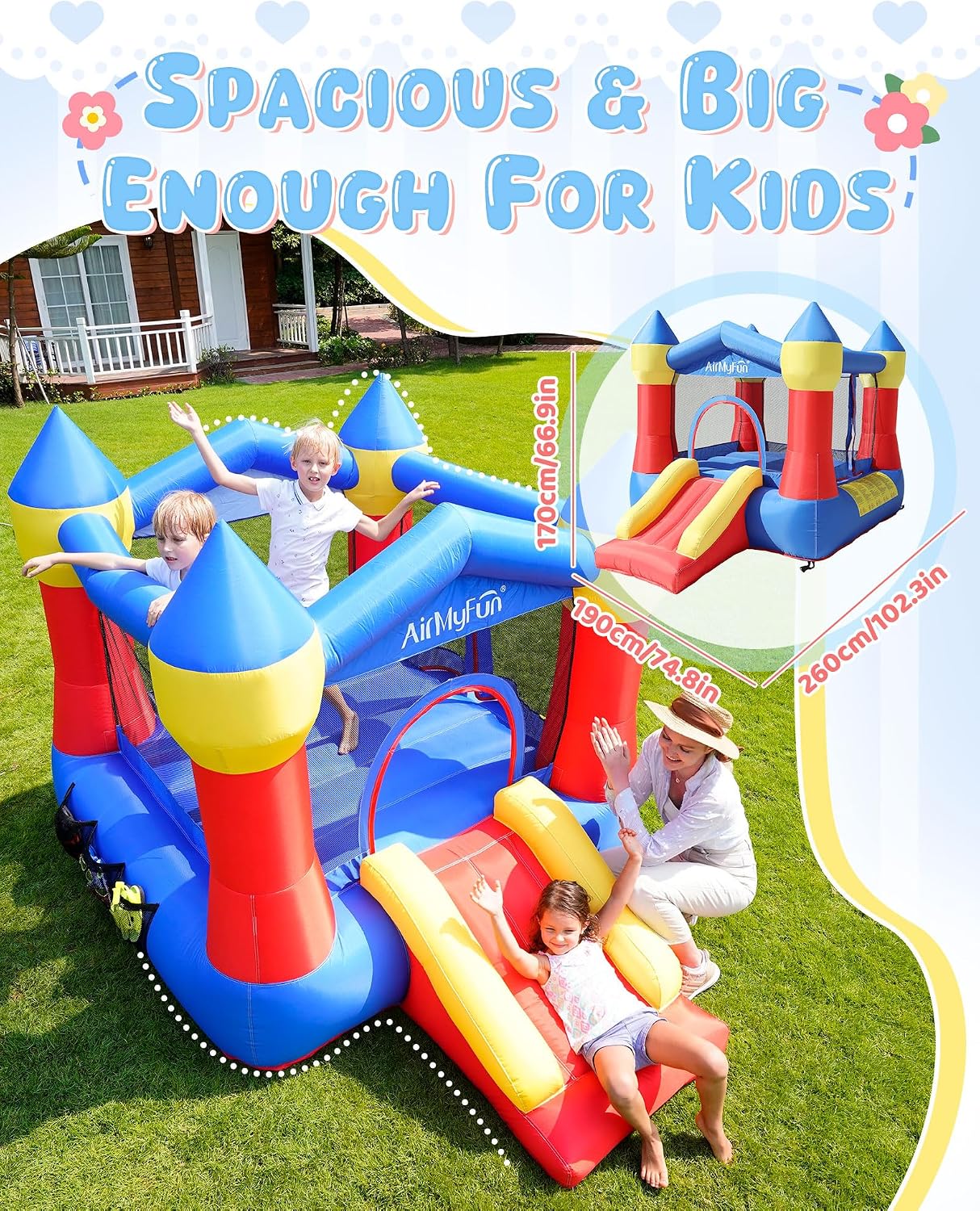 AirMyFun Pink Inflatable Toddler Bounce House with Blower, Indoor/Outdoor Jumping Castle for Kids 3-8, Inflatable Bouncy House with Slide, 82011B