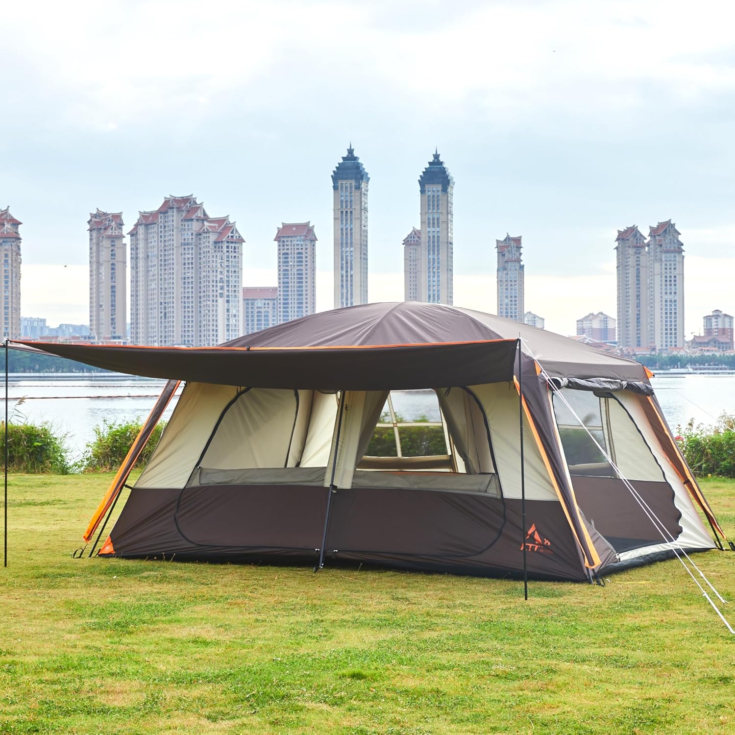 KTT Extra Large Tent 12-14 Person, Family Cabin Tents, 2 Rooms, Straight Wall, 2 Doors 4 Windows with Mesh, Waterproof, Double Layer